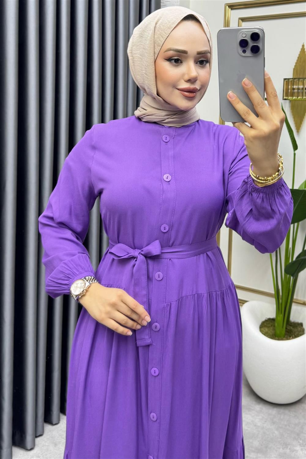 Önden Düğmeli Viskon Elbise LİLA