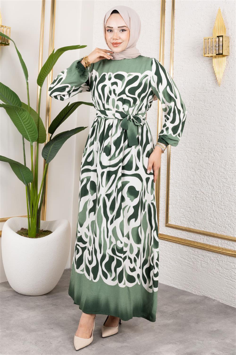 Batik Desenli Tesettür Elbise YEŞİL