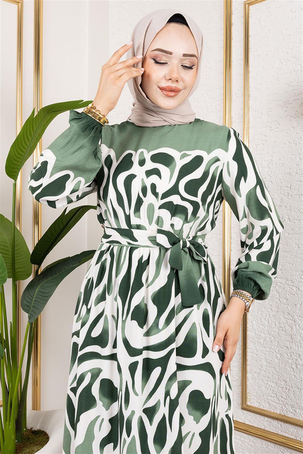 Batik Desenli Tesettür Elbise YEŞİL