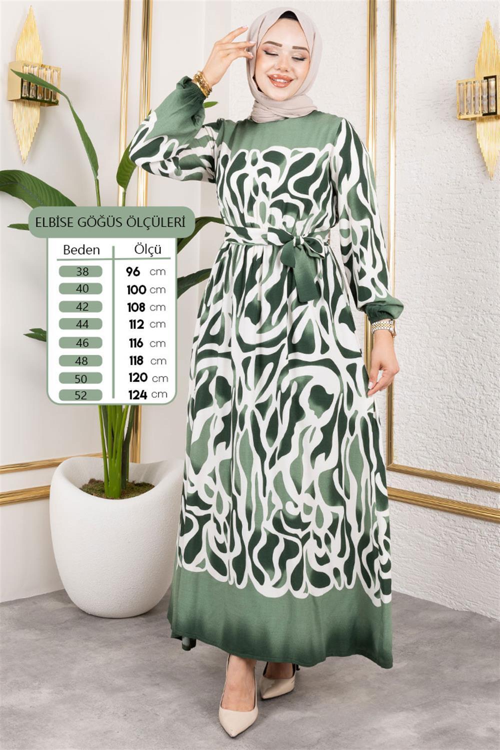 Batik Desenli Tesettür Elbise YEŞİL