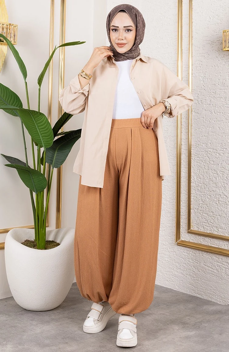 BELİ LASTİKLİ ŞALVAR PANTOLON BİSKÜVİ