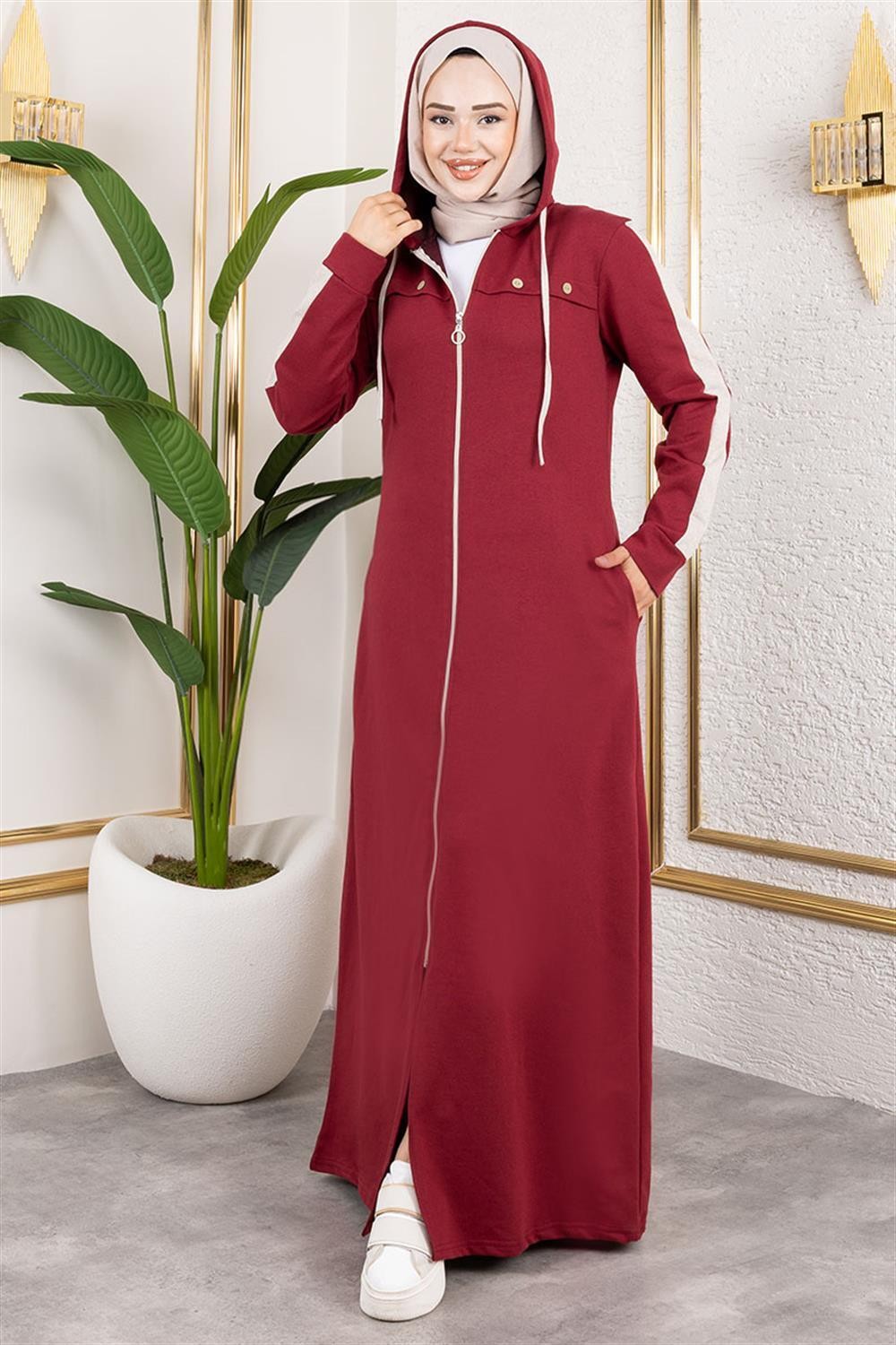 Kuş Gözü Şerit Detay Spor Ferace BORDO