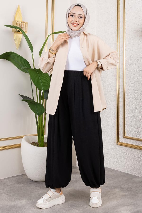 BELİ LASTİKLİ ŞALVAR PANTOLON SİYAH