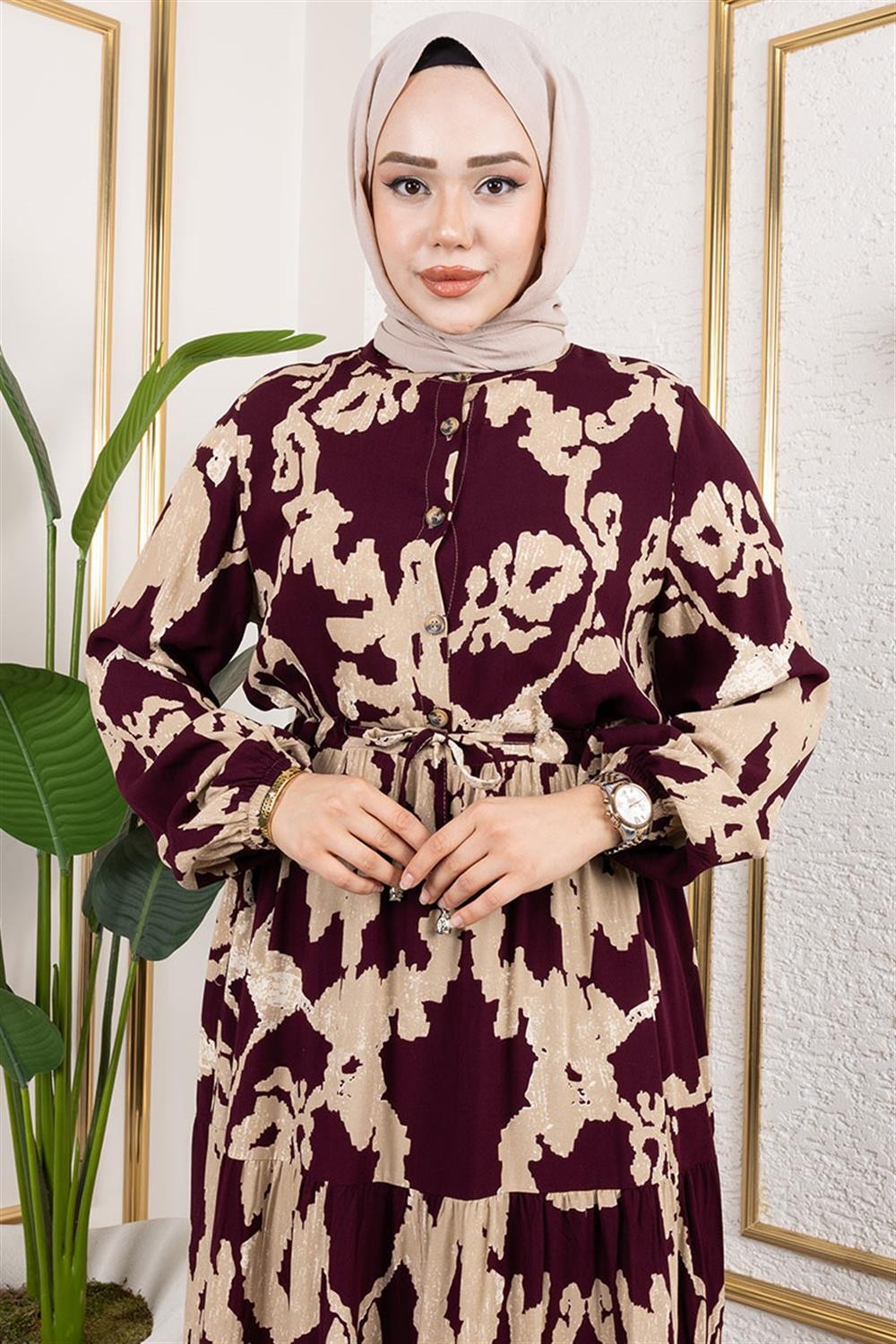 Mina Desenli Tesettür Elbise MÜRDÜM