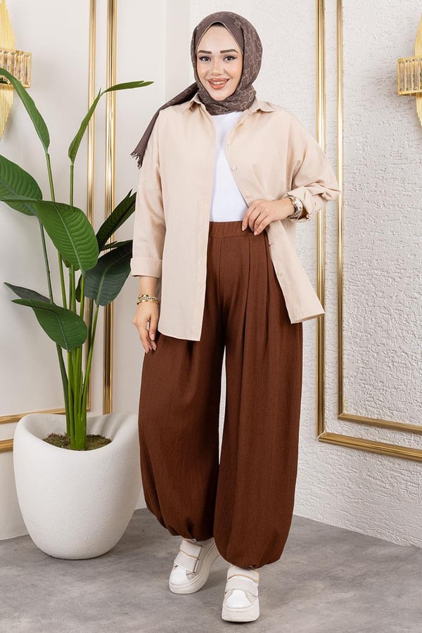 BELİ LASTİKLİ ŞALVAR PANTOLON KAHVERENGİ