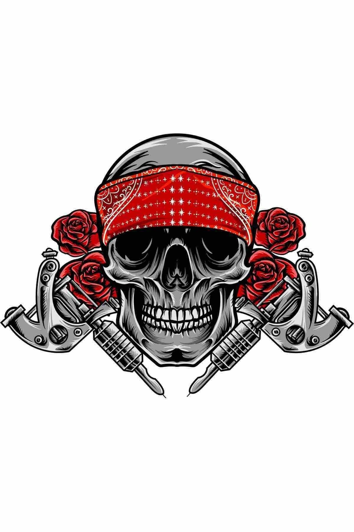 Tattoo Skull 40 Cm Özel Tasarım Motor Kask Araba Duvar Stıcker Çıkartma
