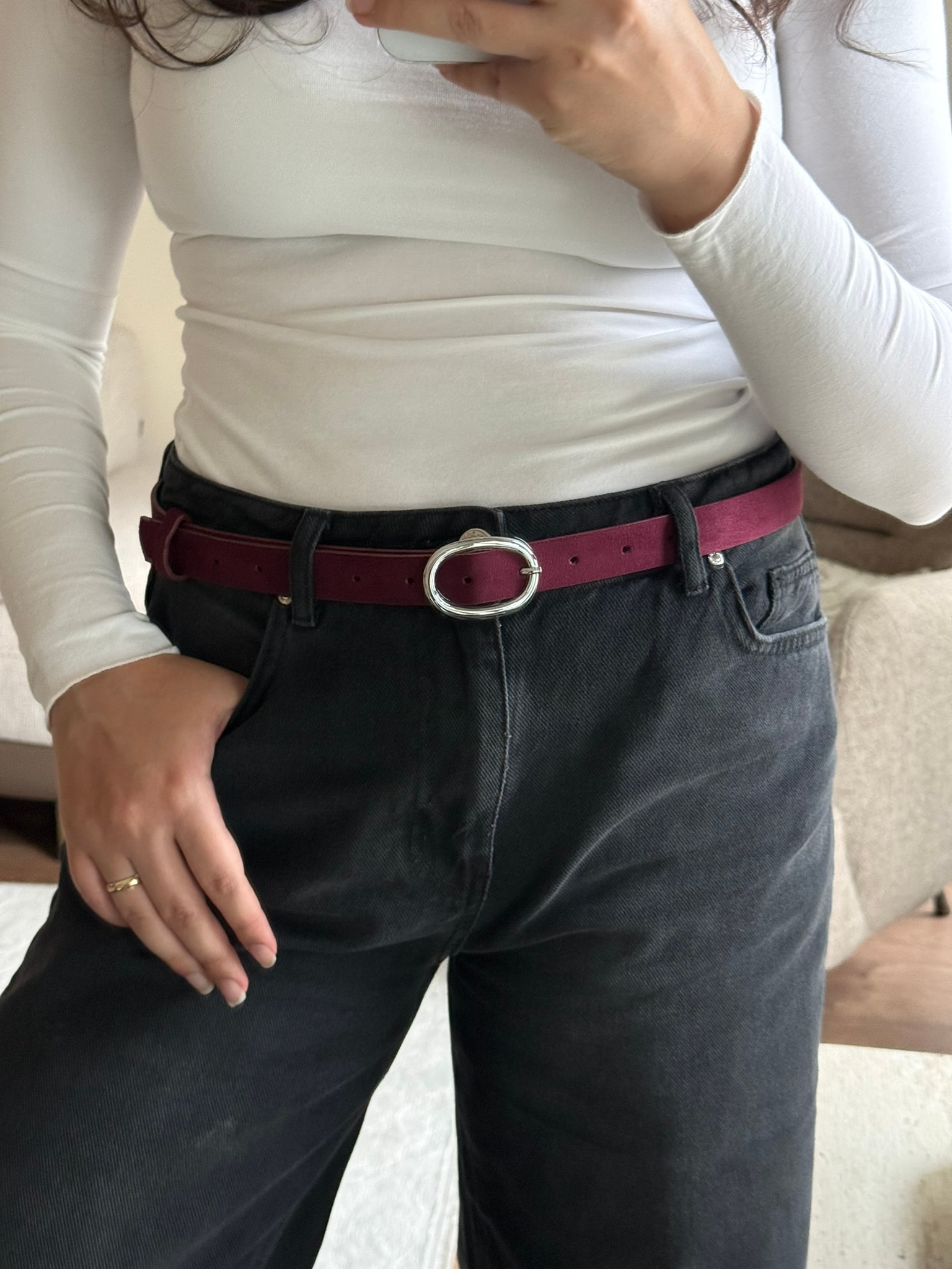 Daxe Süet Gümüş Renk Tokalı Kadın Kemer - Bordo