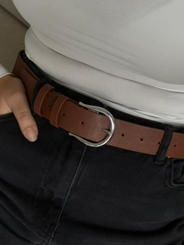 Romin Gümüş Renk Tokalı Kadın Kemer - Taba