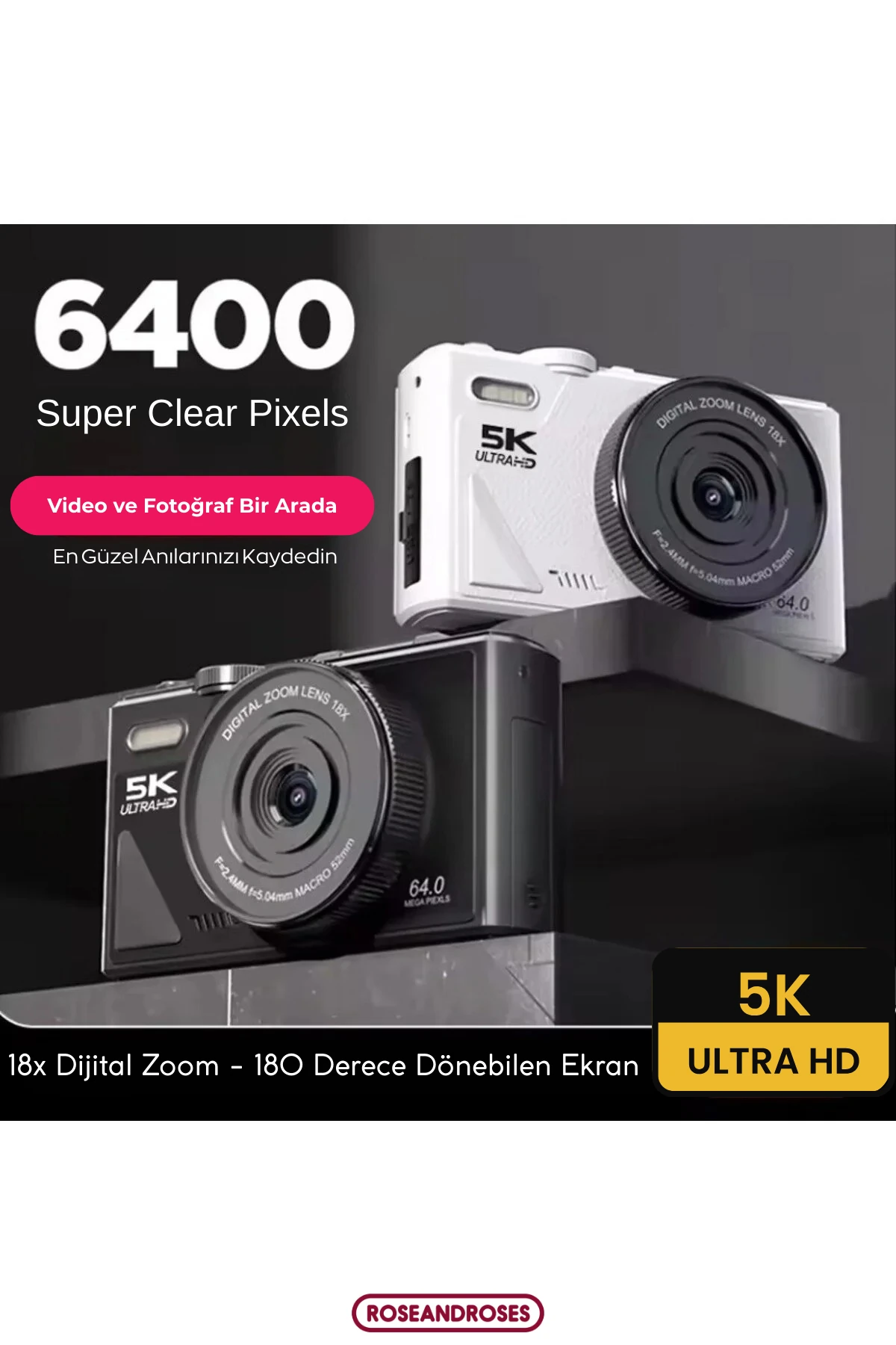 5K UHD 18x Zoom Dönen Ekran Video Foto Vlog Kamera  - Siyah