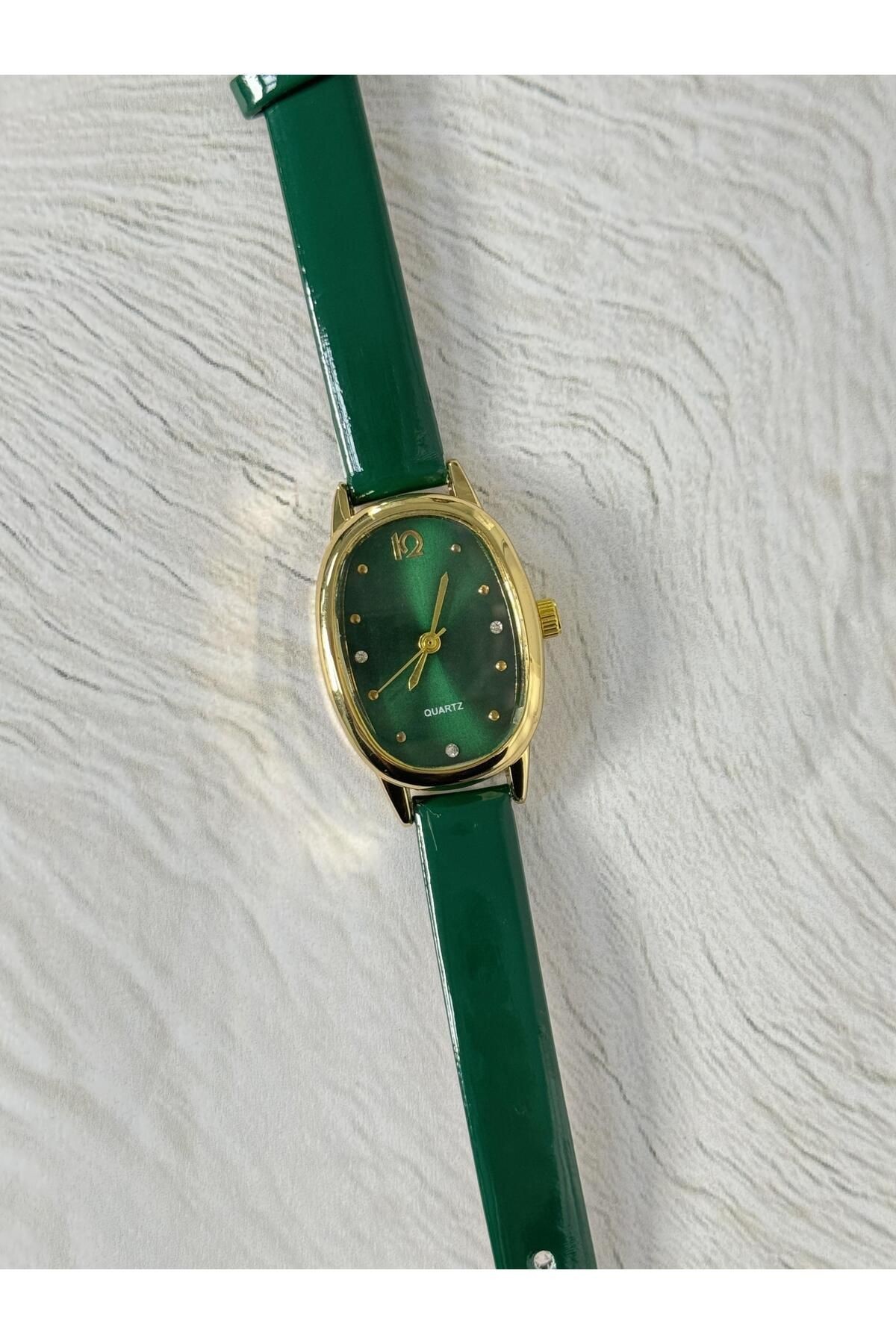 Alle Minimal Özel Seri Rugan Parlak Deri Yeşil Vintage Kadın Kol Saati