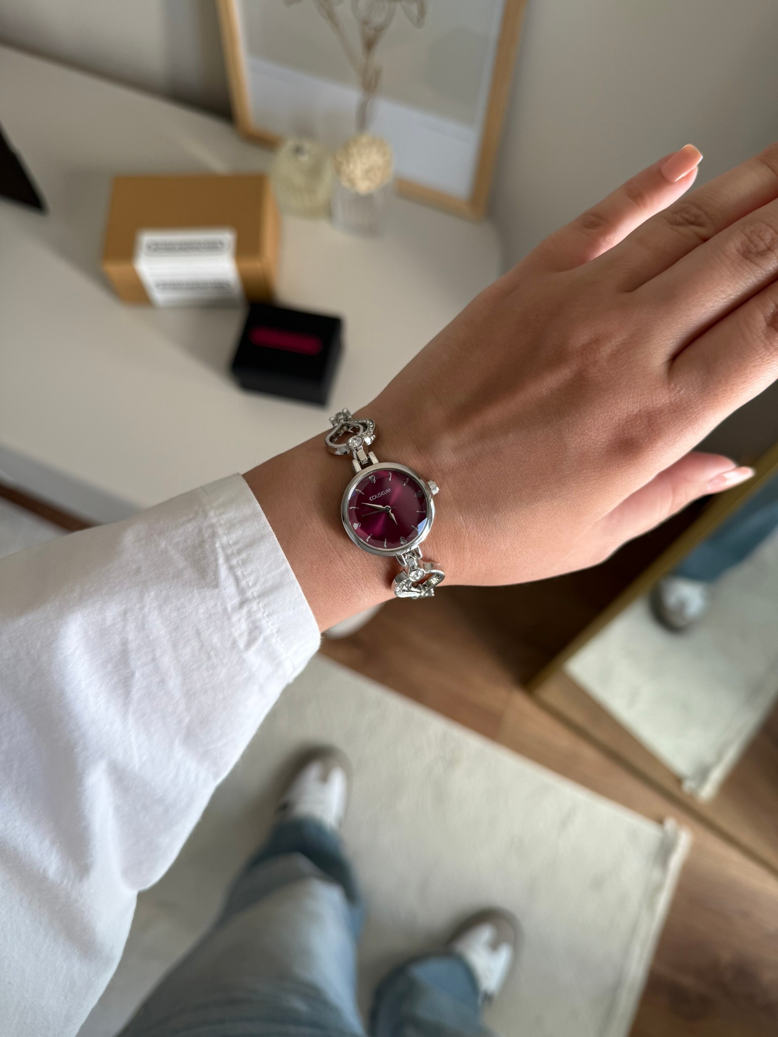 Loven Özel Tasarım Kadran Vintage Kalp Detay Kadın Kol Saati Gümüş (Bordo Kadran)