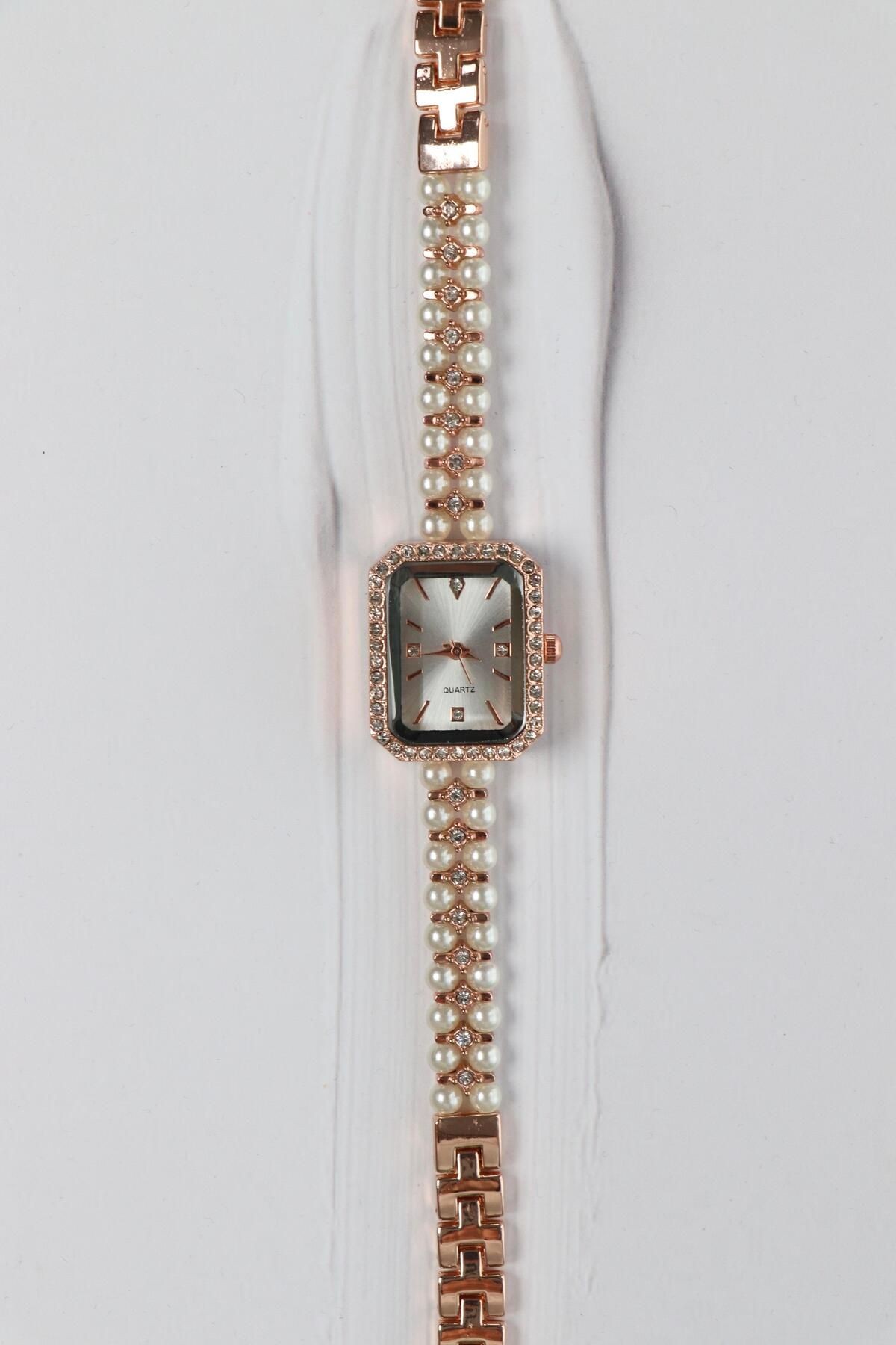 Ruby Minimal Vintage Model İnci Kordon Kadın Kol Saati Rose (Beyaz Kadran)