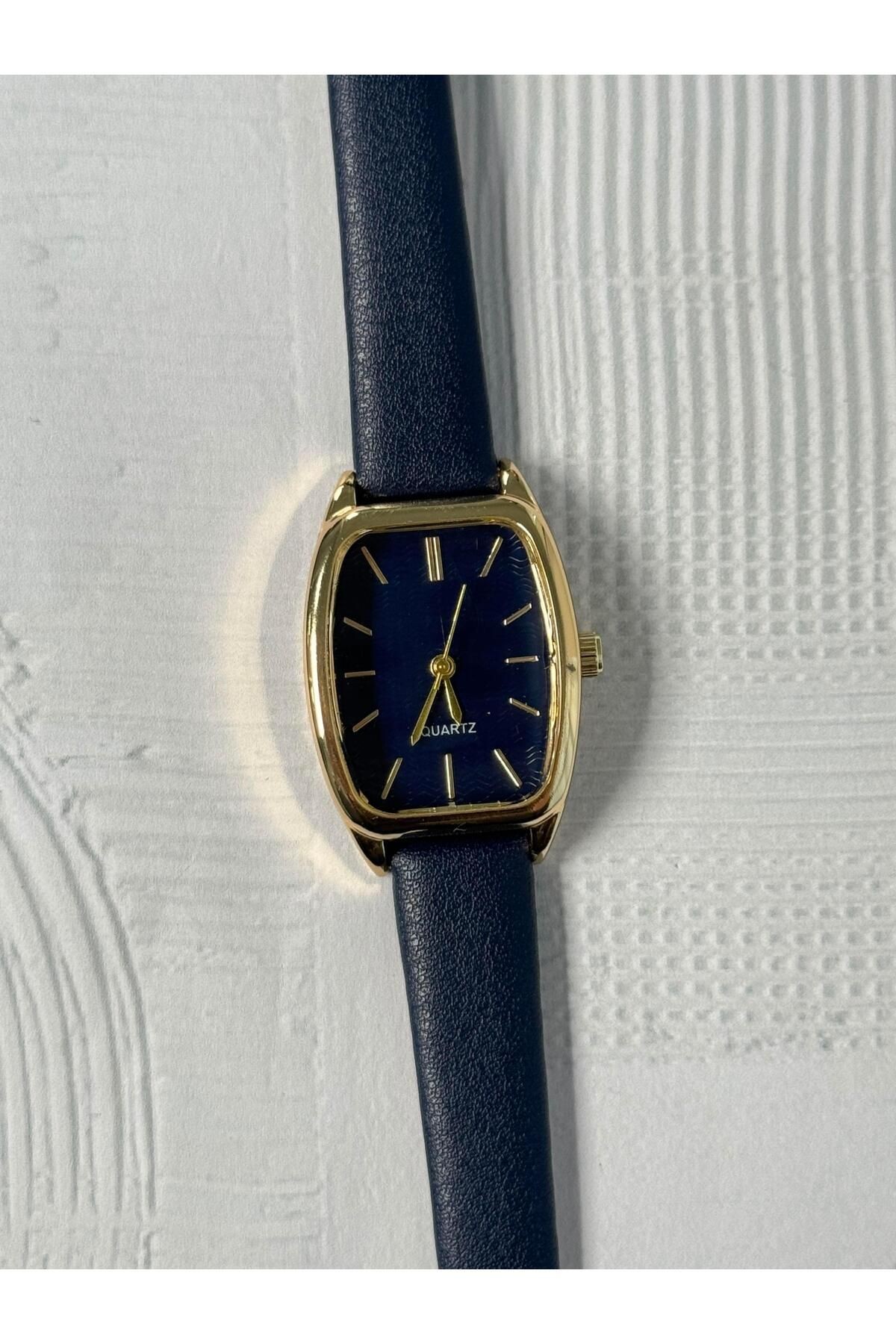 Mesa Özel Seri Old Money Model Kadın Deri Kayış Minimal Vintage Yeni Sezon Gold Kol Saati Lacivert (