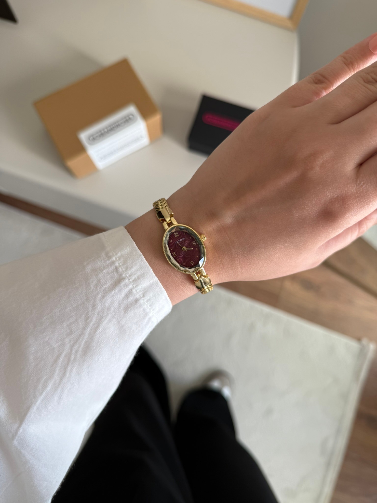 Lunox Örgü Zincir Kordon Minimal Kadın Kol Saati Gold (Bordo Kadran)