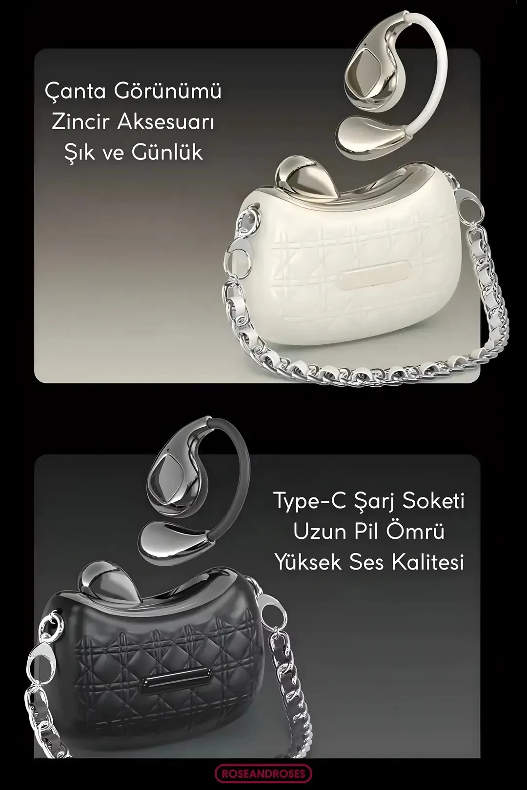 Çanta Kutulu Zincir Aksesuarlı Küpe Kablosuz Kulaklık - Krem