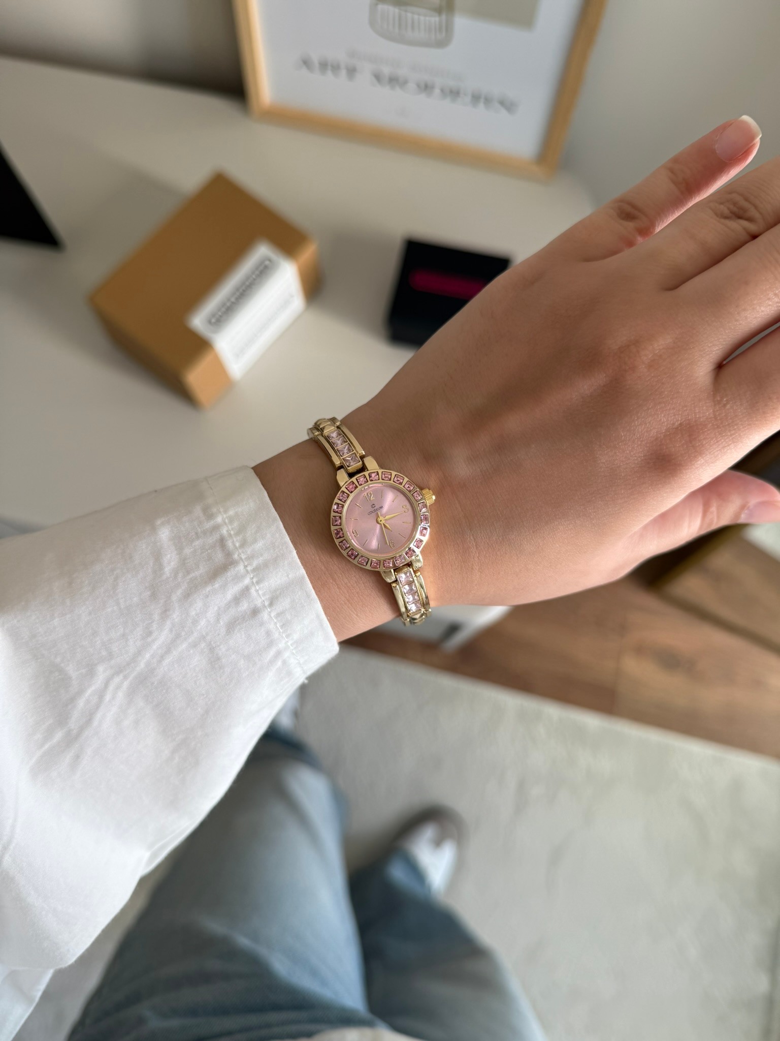 Bellare Taşlı Kasa Kadın Kol Saati Gold (Pembe Kadran)