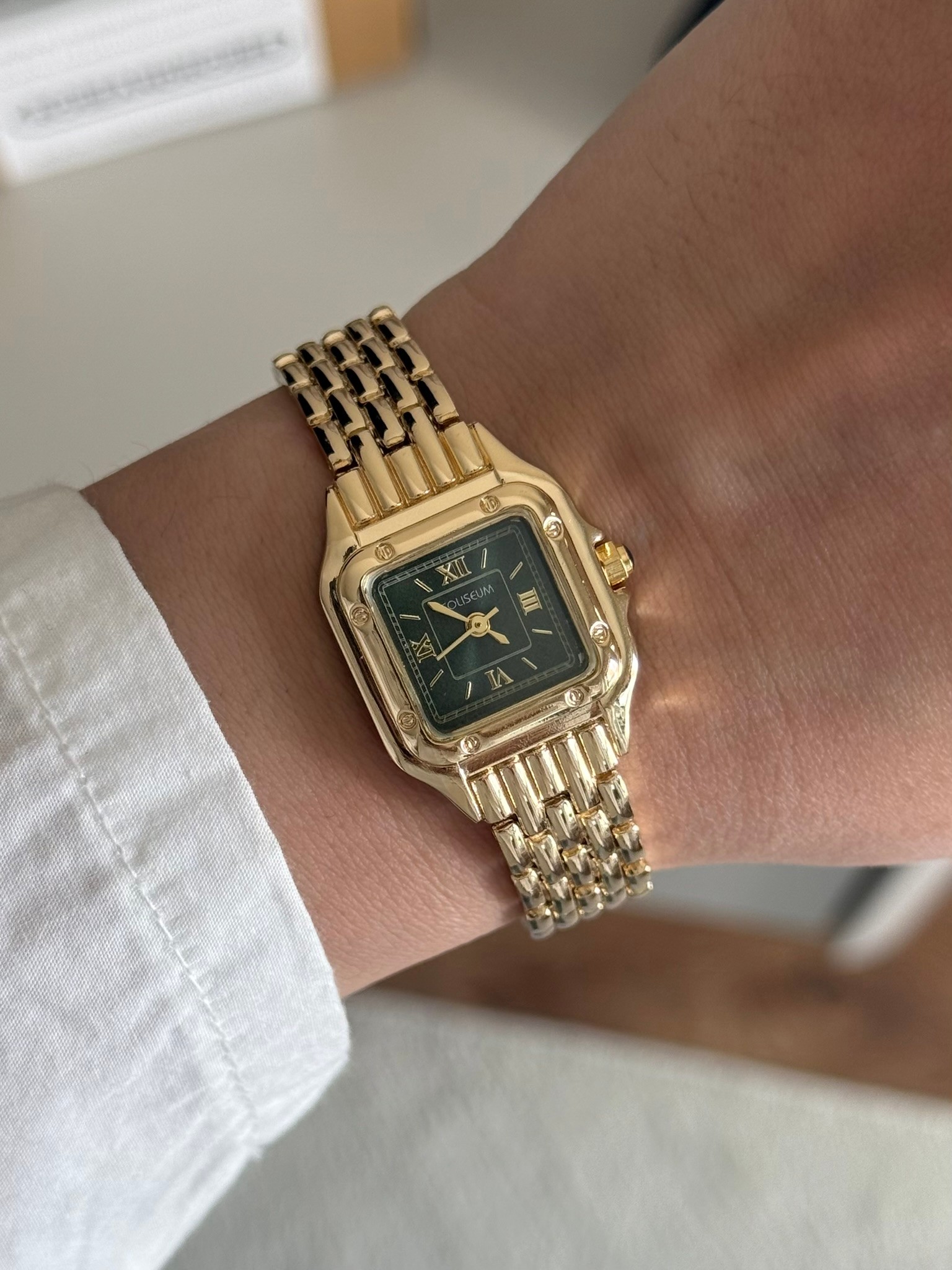 Vivine Minimal Kare Kasa Kadın Kol Saati Gold (Yeşil Kadran)
