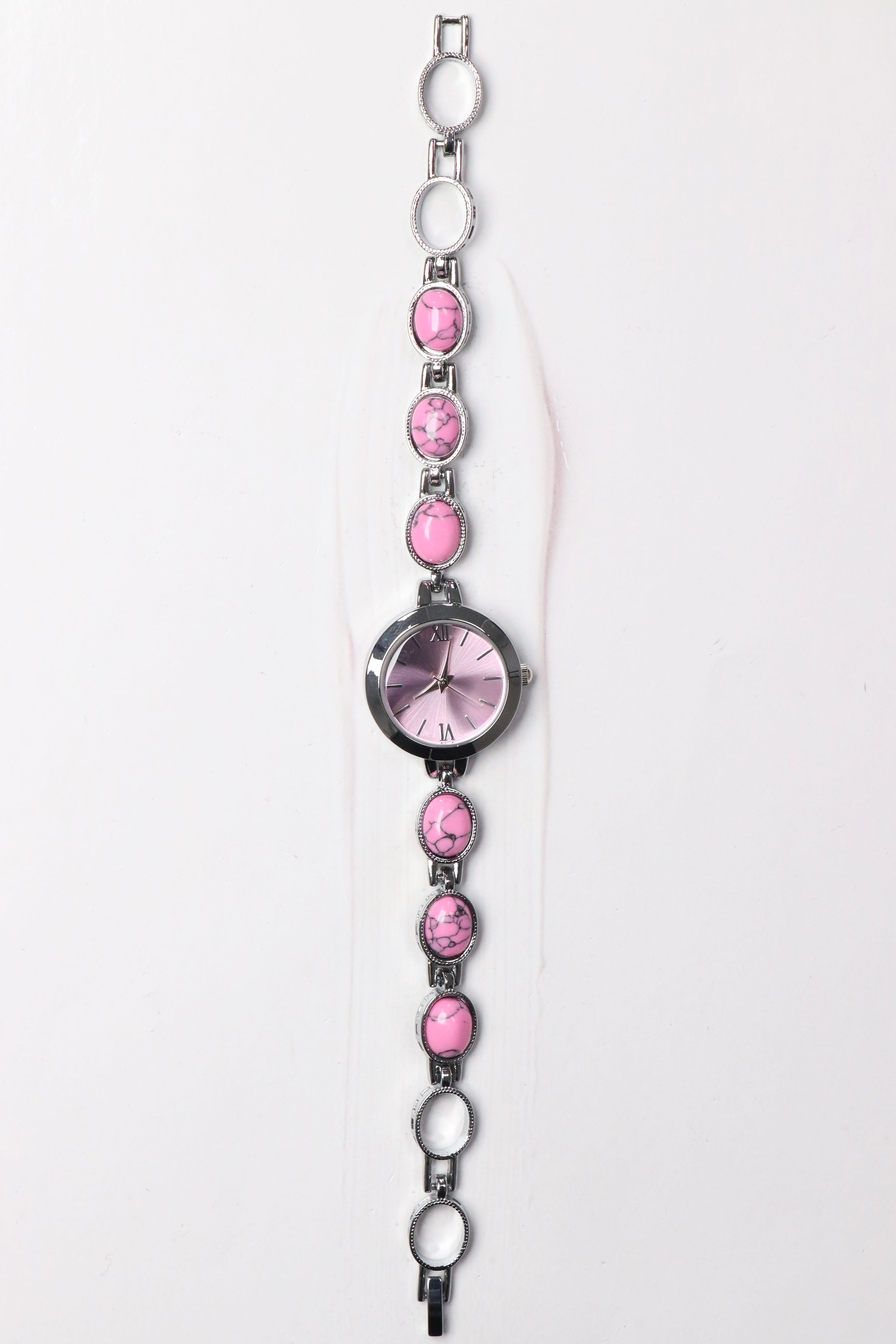 Lucely Oval Taşlı Özel Tasarım Kadın Kol Saati Gümüş (Pembe)