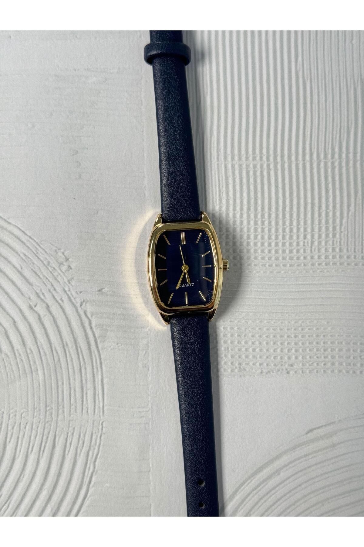 Mesa Özel Seri Old Money Model Kadın Deri Kayış Minimal Vintage Yeni Sezon Gold Kol Saati Lacivert (