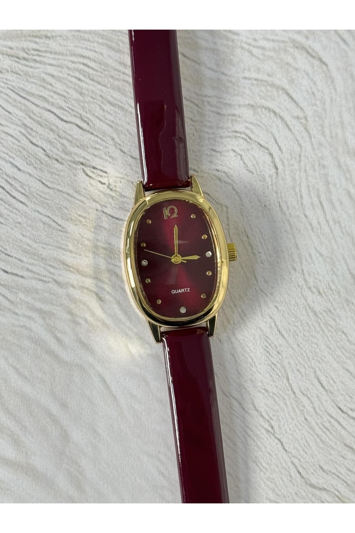 Alle Minimal Özel Seri Rugan Parlak Deri Bordo Vintage Kadın Kol Saati