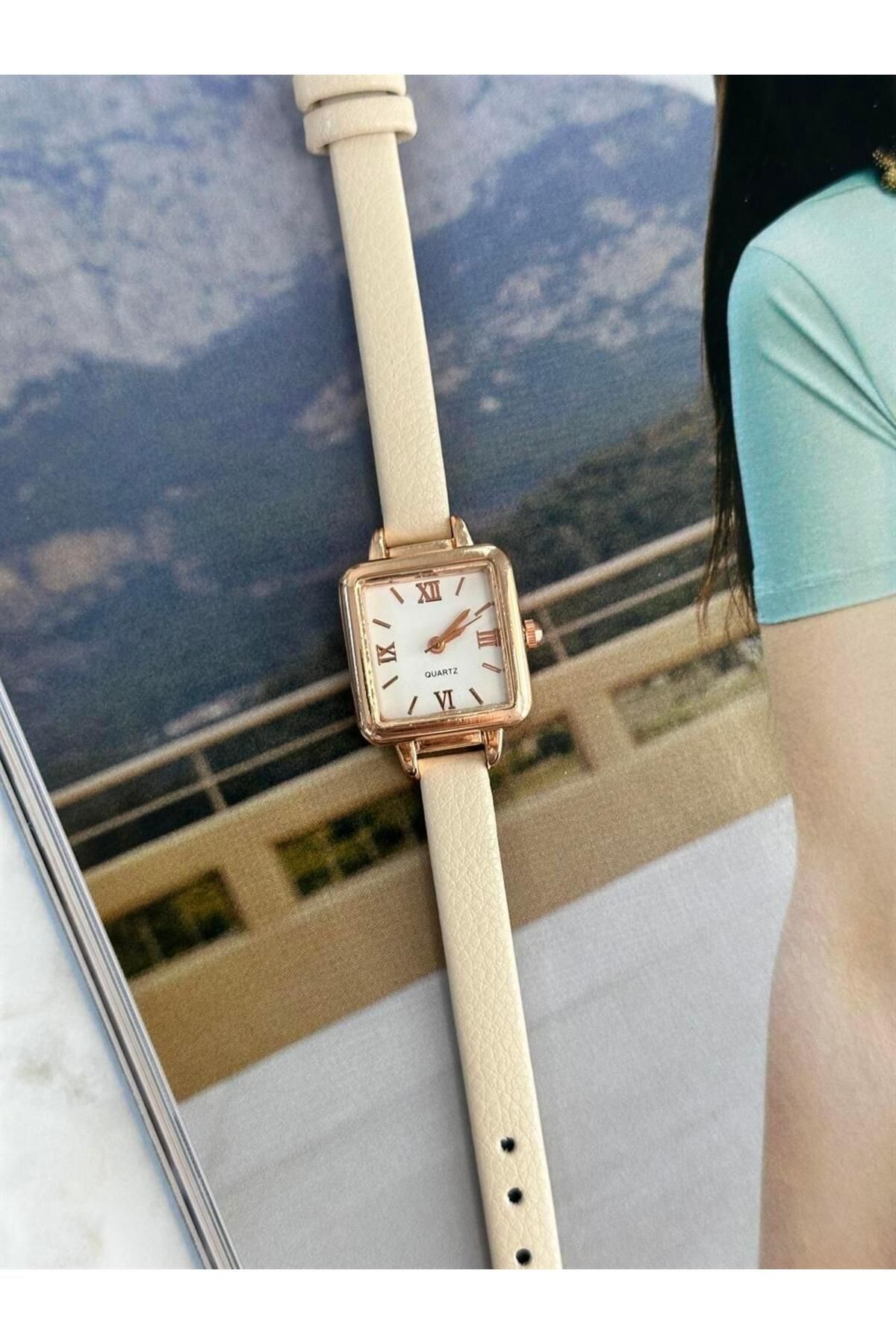 Gaeta Kare Özel Seri Kadın Krem Deri Minimal Vintage Yeni Sezon Rose Çerçeve Kol Saati