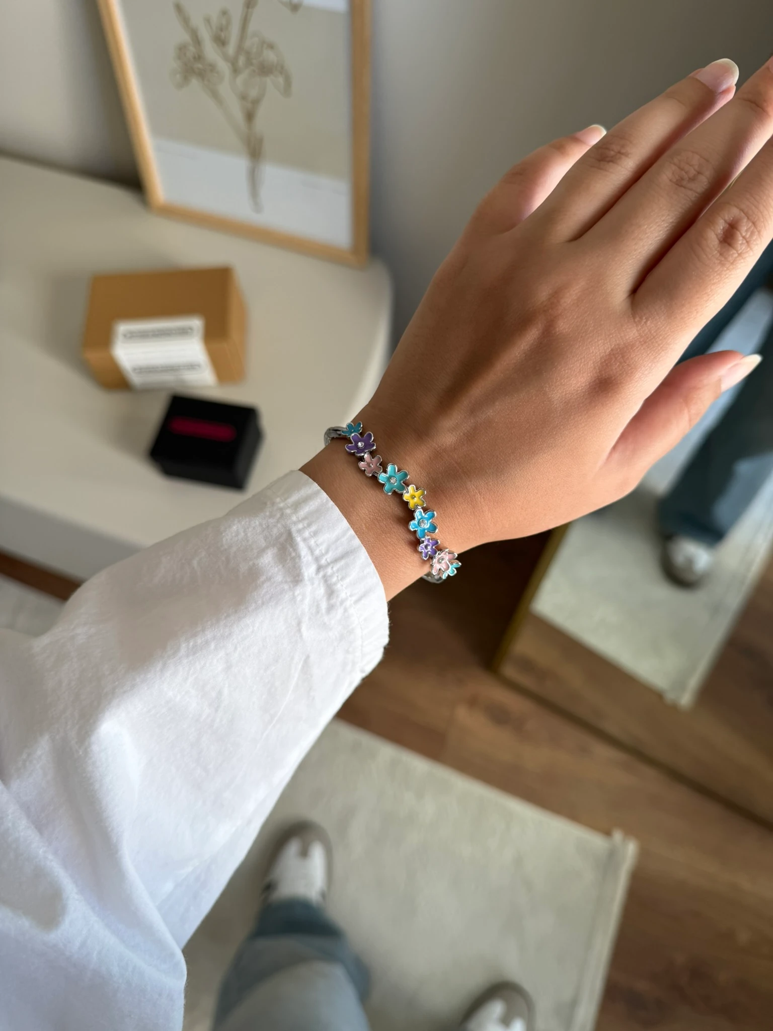 Çiçekli Renkli Kelepçe Bileklik Gümüş