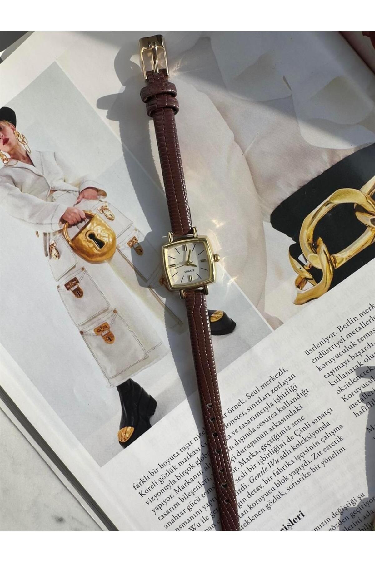 Eva Özel Seri Kadın Kare Kahverengi Deri Minimal Vintage Yeni Sezon Gold Çerçeve Kol Saati