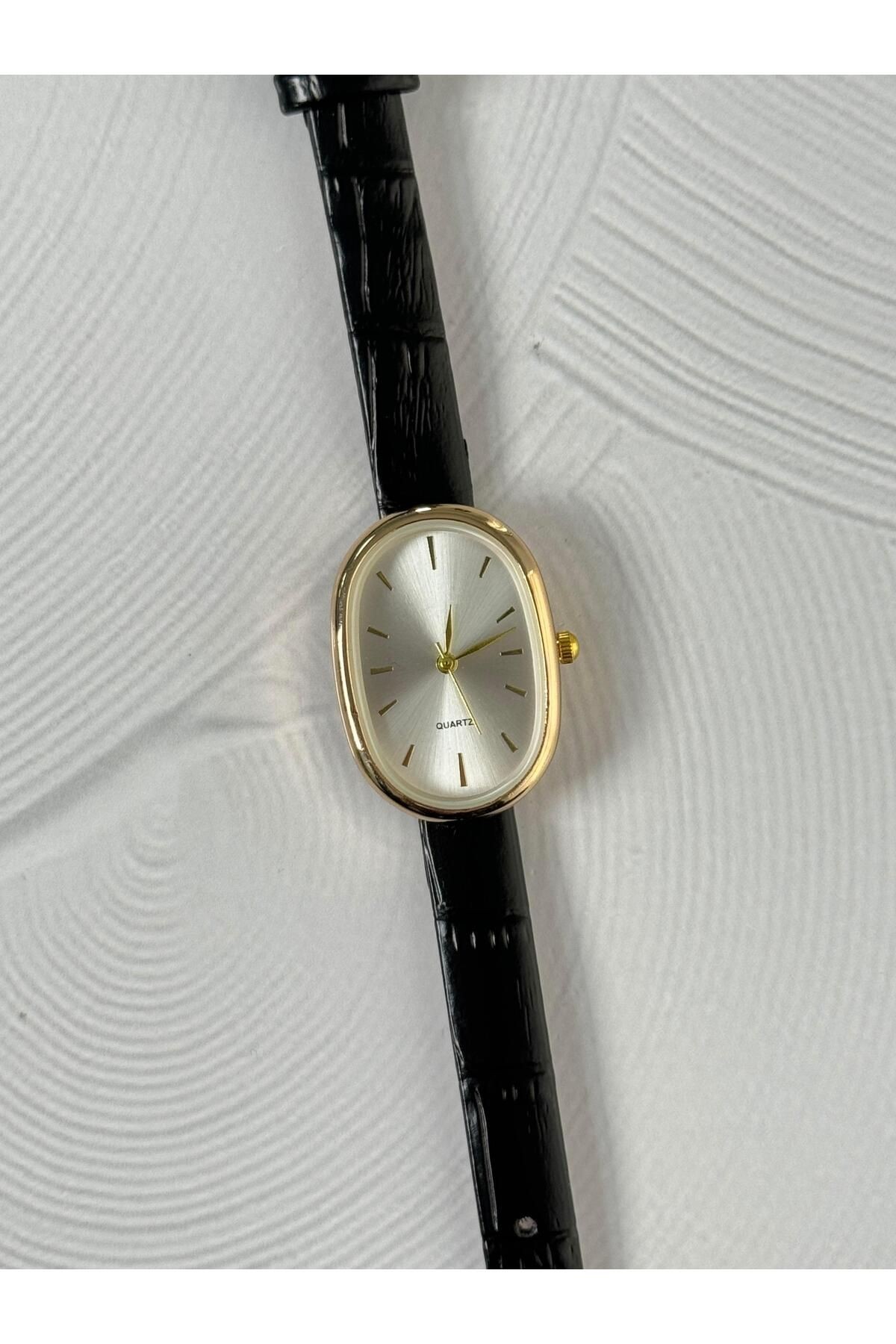 Pascal Vintage Model Kadın Oval Gerçek Deri Gold Kasa Kol Saati Siyah
