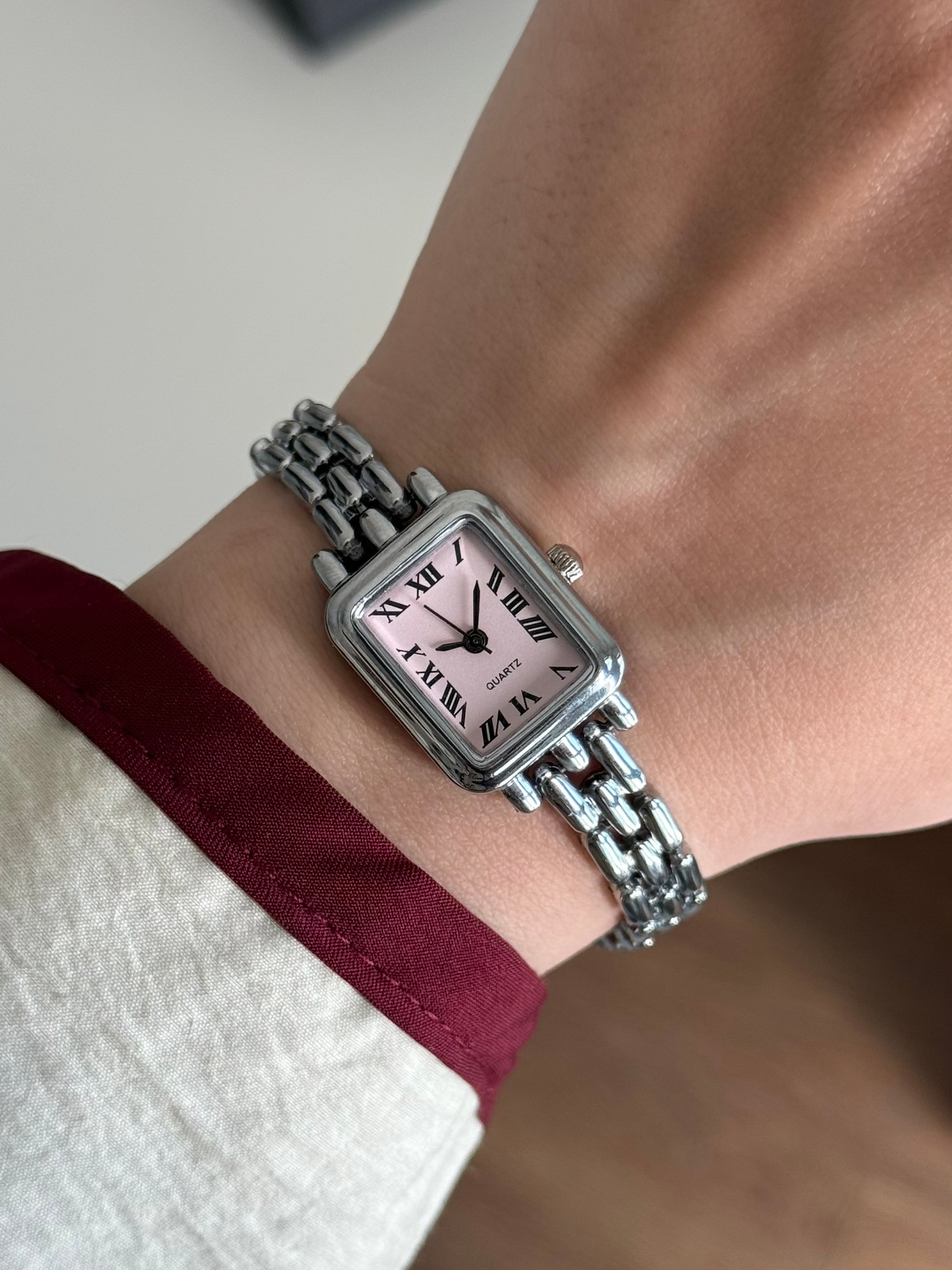 Kettey Özel Tasarım İnce Kordon Vintage Kadın Kol Saati Gümüş (Pembe Kadran)