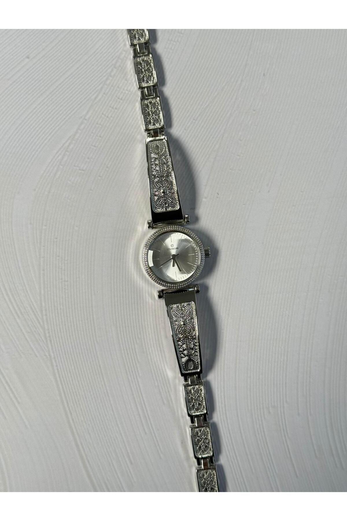 İşlemeli Özel Kordon Kadın Yuvarlak Minimal Vintage Yeni Sezon Gümüş Renk Kol Saati (Beyaz Kadran)