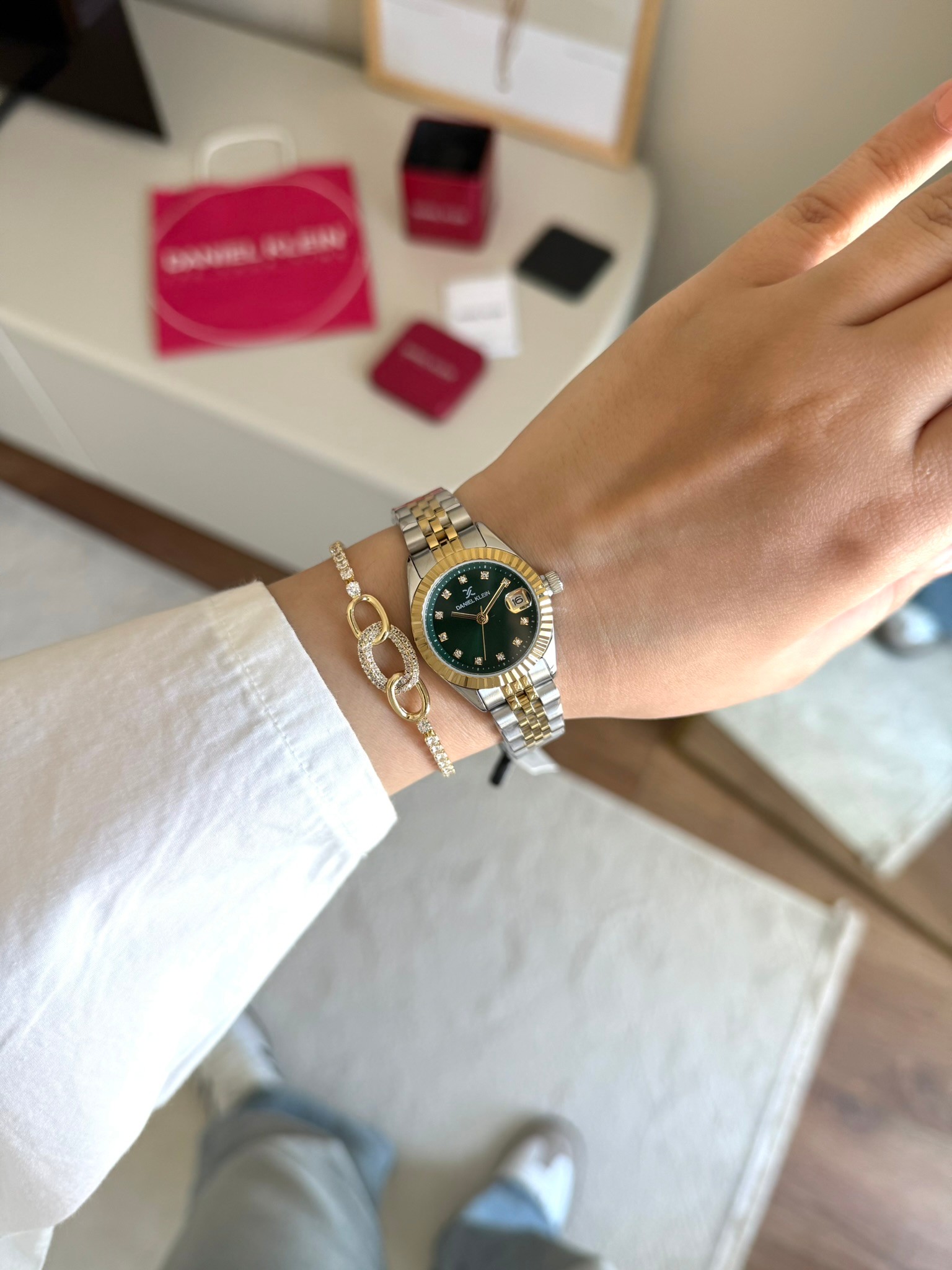 Daniel Klein Garantili Premium Kadın Kol Saati Gold-Gümüş Renk (Yeşil Kadran) RSDK-126