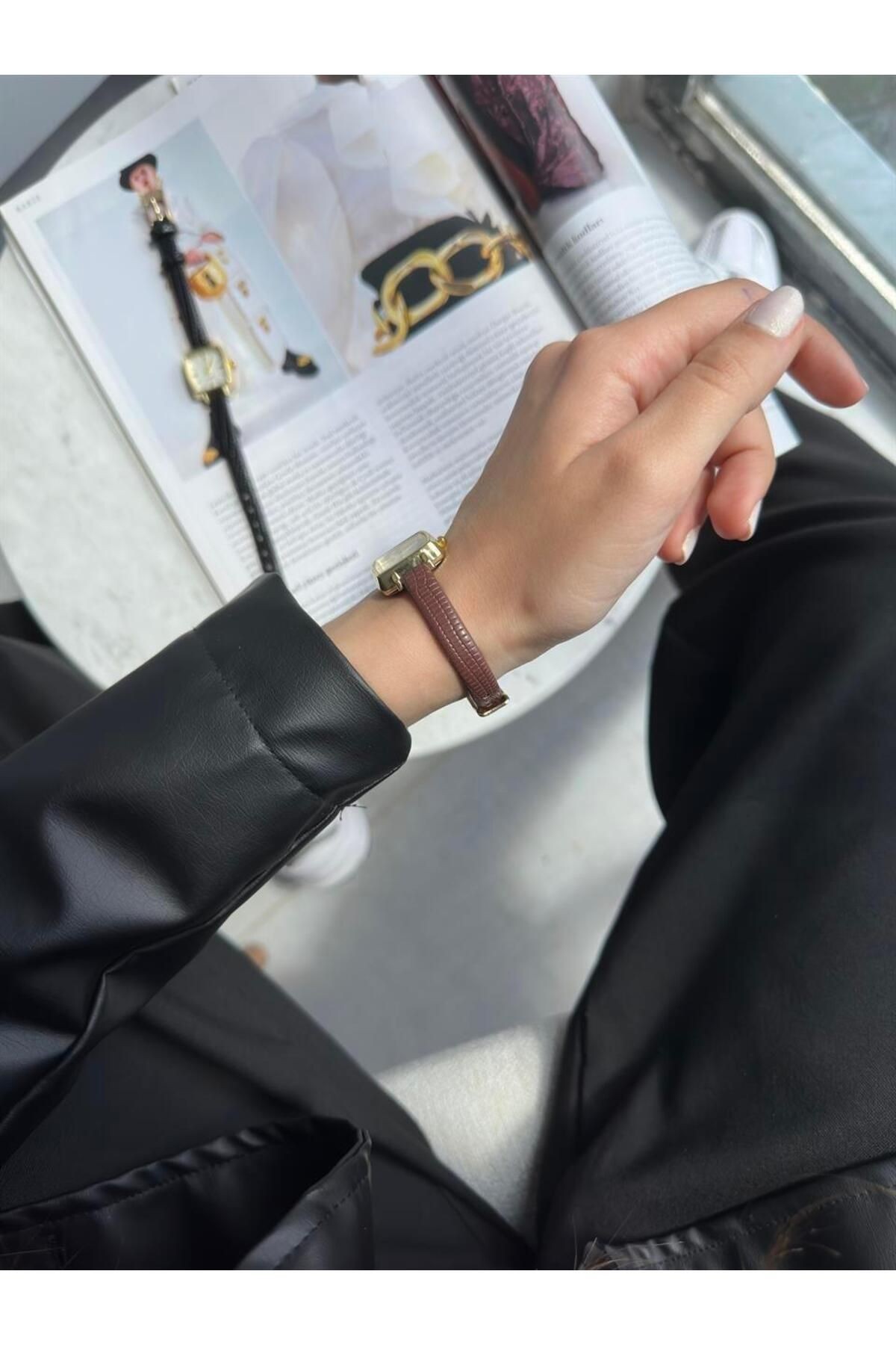 Eva Özel Seri Kadın Kare Kahverengi Deri Minimal Vintage Yeni Sezon Gold Çerçeve Kol Saati