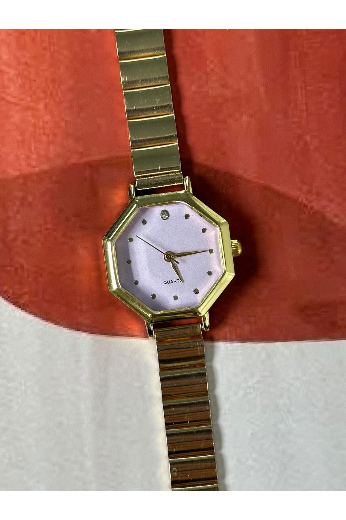 Genevi Sekizgen Özel Tasarım Yeni Sezon Minimal Kadın Kol Saati Gold Kordon Lila Kadran