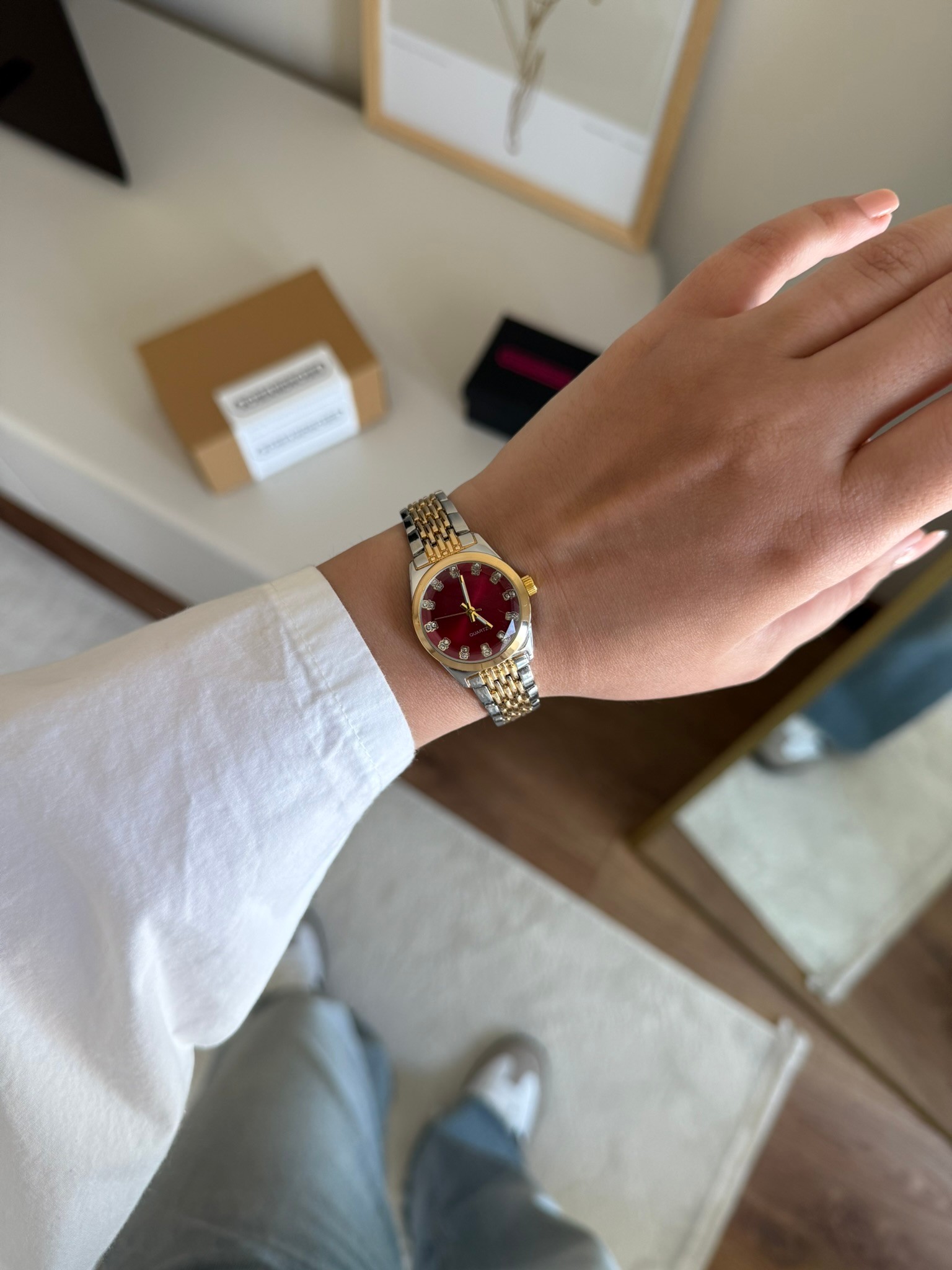 Clove Yuvarlak Kasa Kadın Kol Saati Gold-Gümüş (Bordo Kadran)