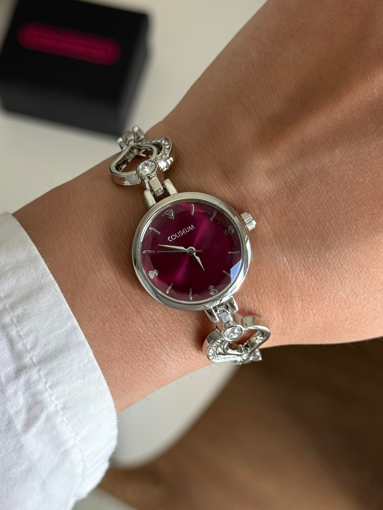 Loven Özel Tasarım Kadran Vintage Kalp Detay Kadın Kol Saati Gümüş (Bordo Kadran)