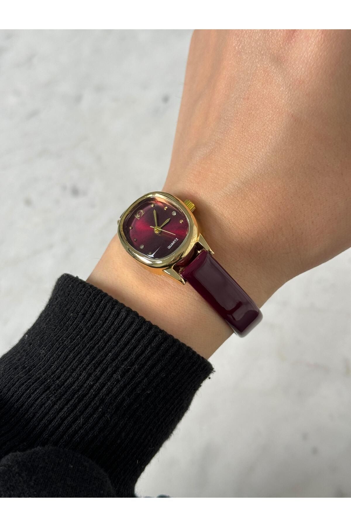 Alle Minimal Özel Seri Rugan Parlak Deri Bordo Vintage Kadın Kol Saati