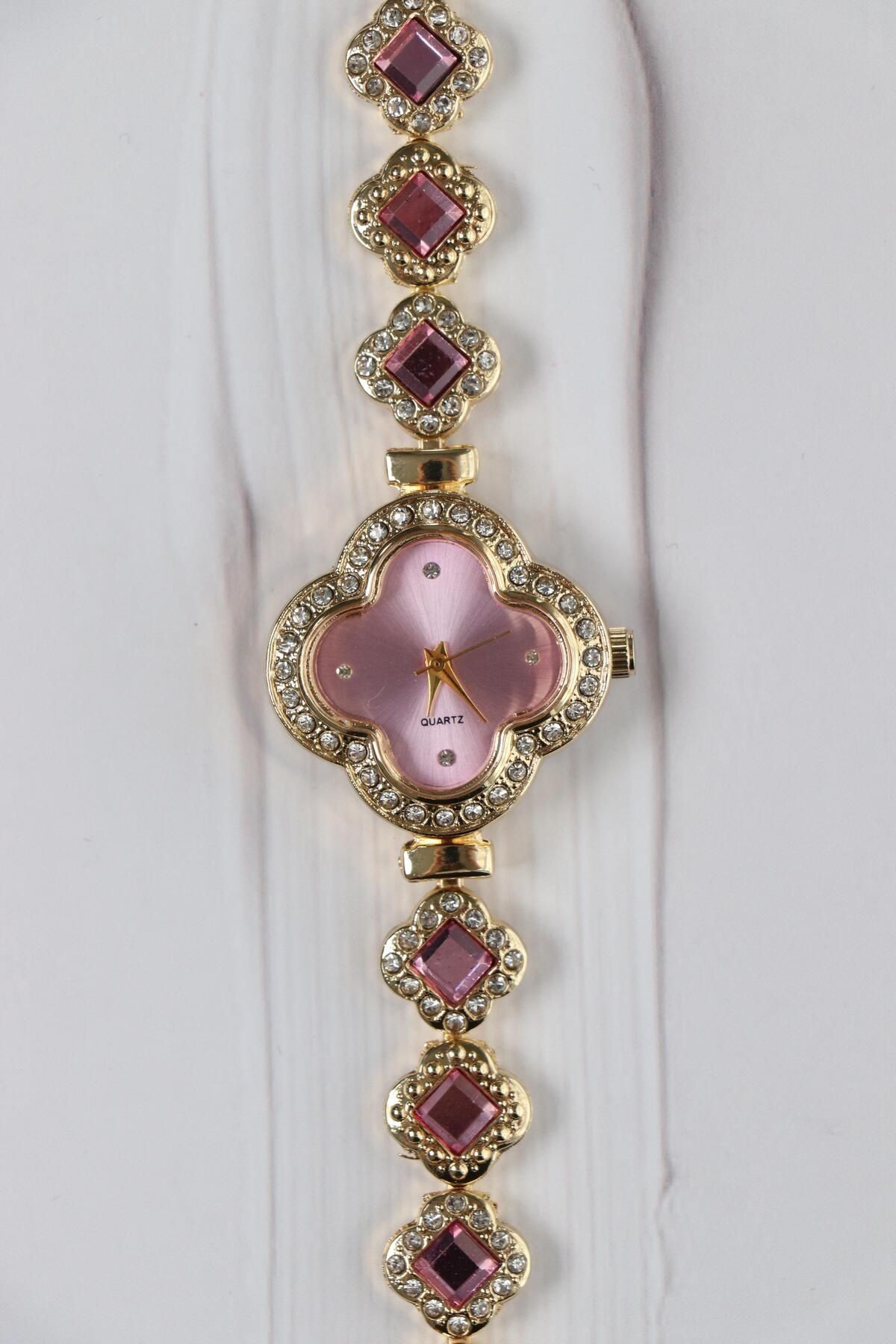 Yonca Taşlı Şık Kadın Kol Saati Gold Renk (Pembe Kadran)