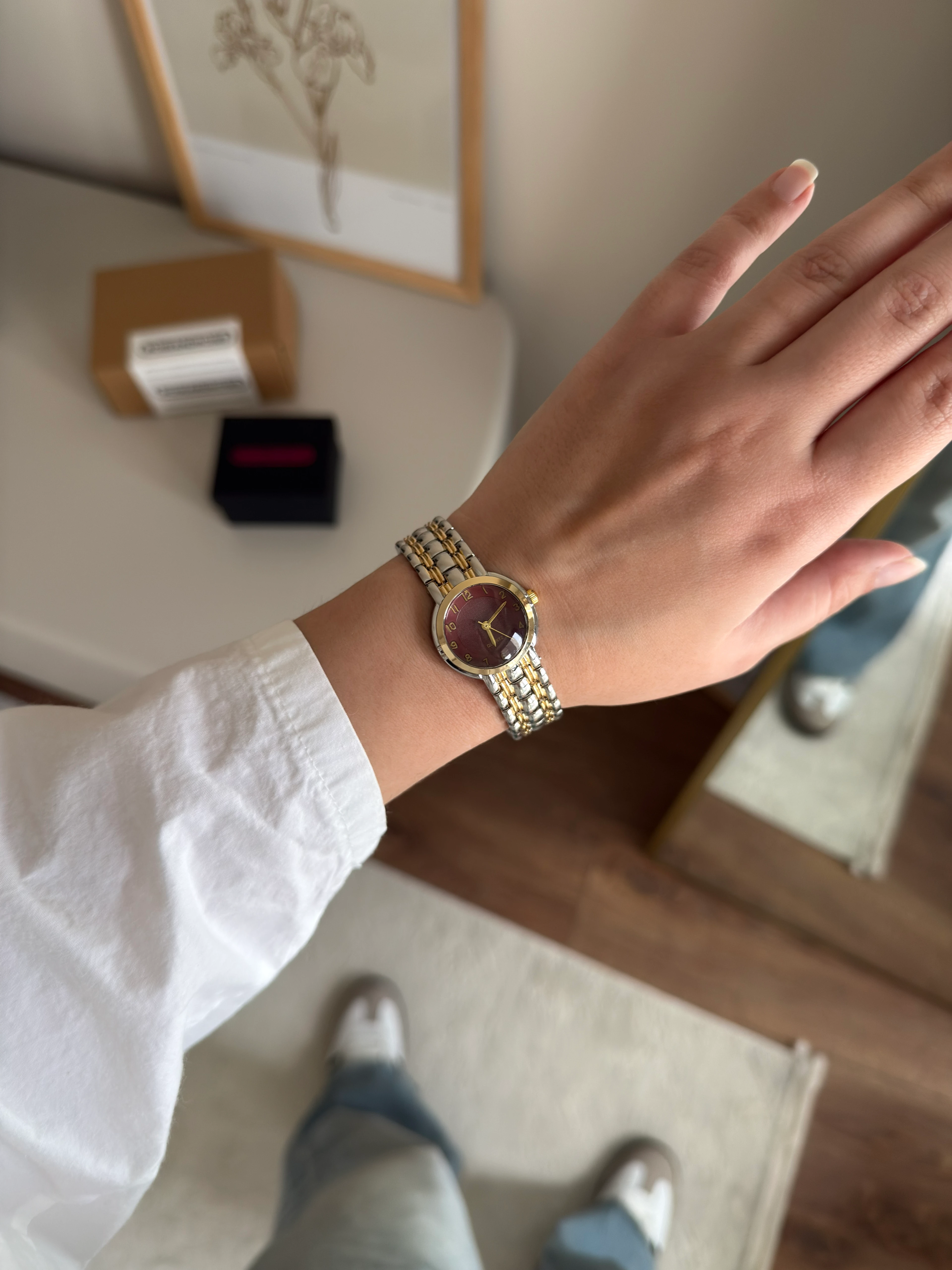 Noriko Basic Tasarım Kadın Kol Saati - Gold-Gümüş/Bordo Kadran