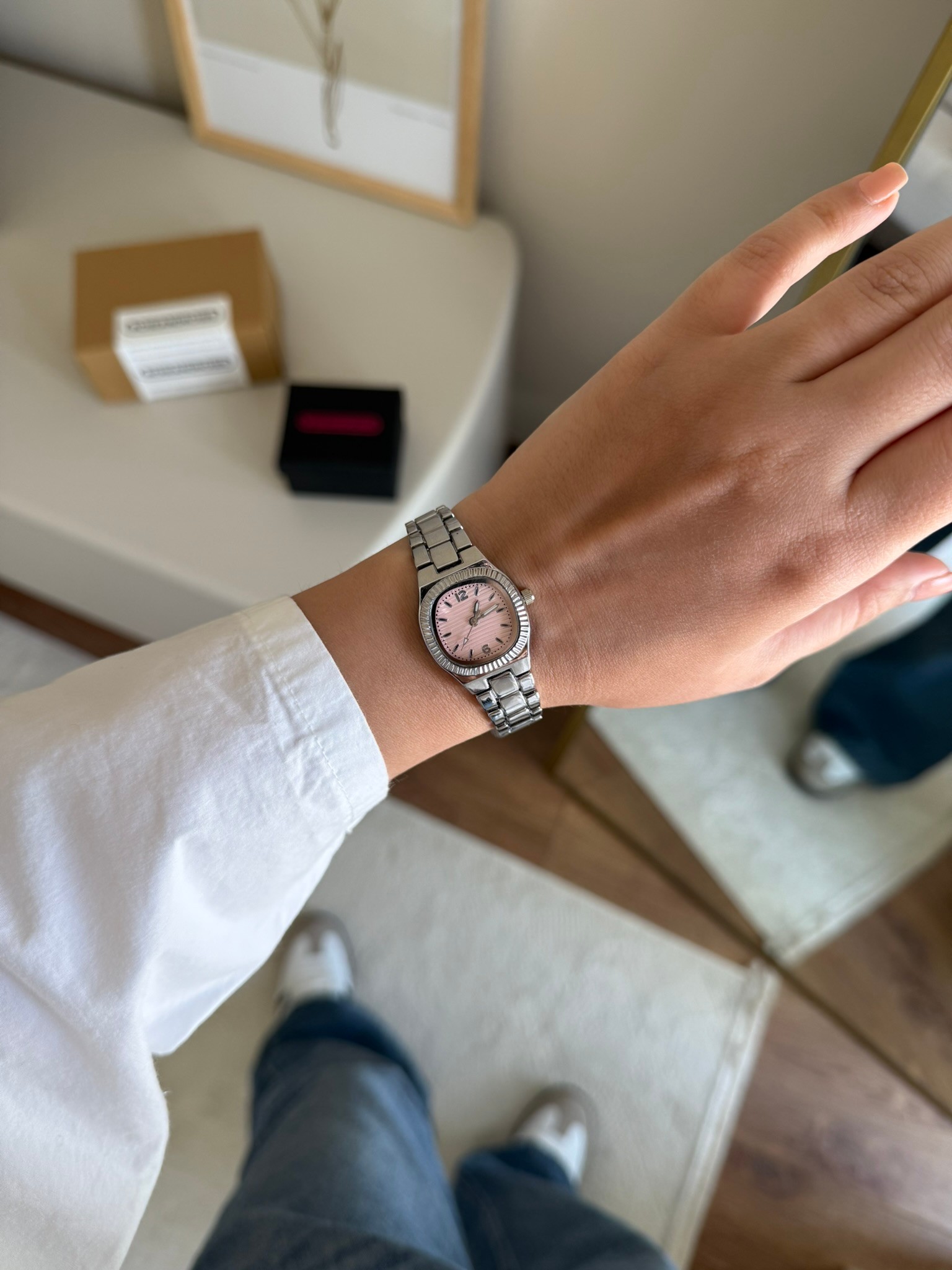 Celya Kare Kasa Tırtıklı Bezel Kadın Kol Saati Gümüş (Pembe Kadran)