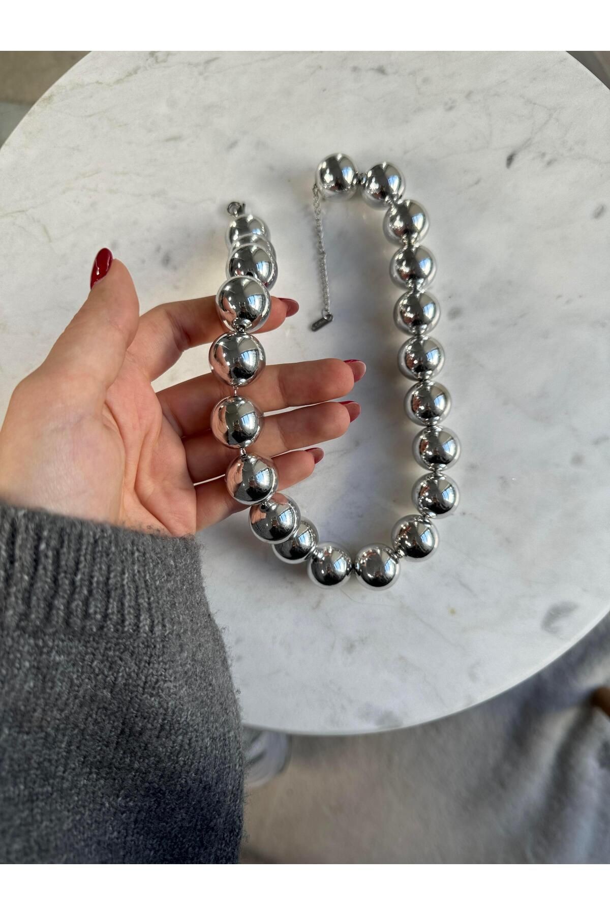 New Trendy Büyük Top Çelik Kolye Gümüş Renk