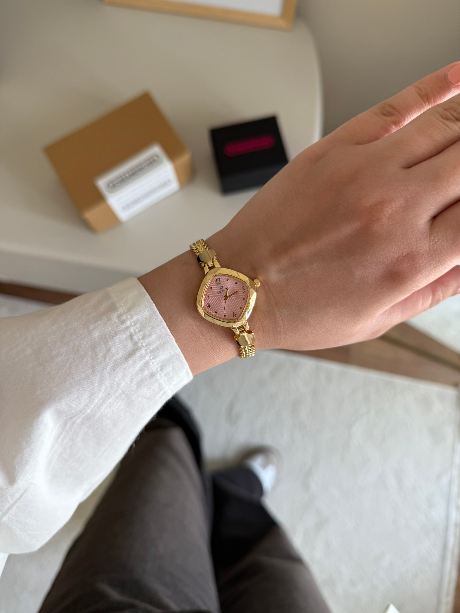 Feruzea Örgü Zincir Kordon Minimal Kadın Kol Saati Gold (Pembe Kadran)