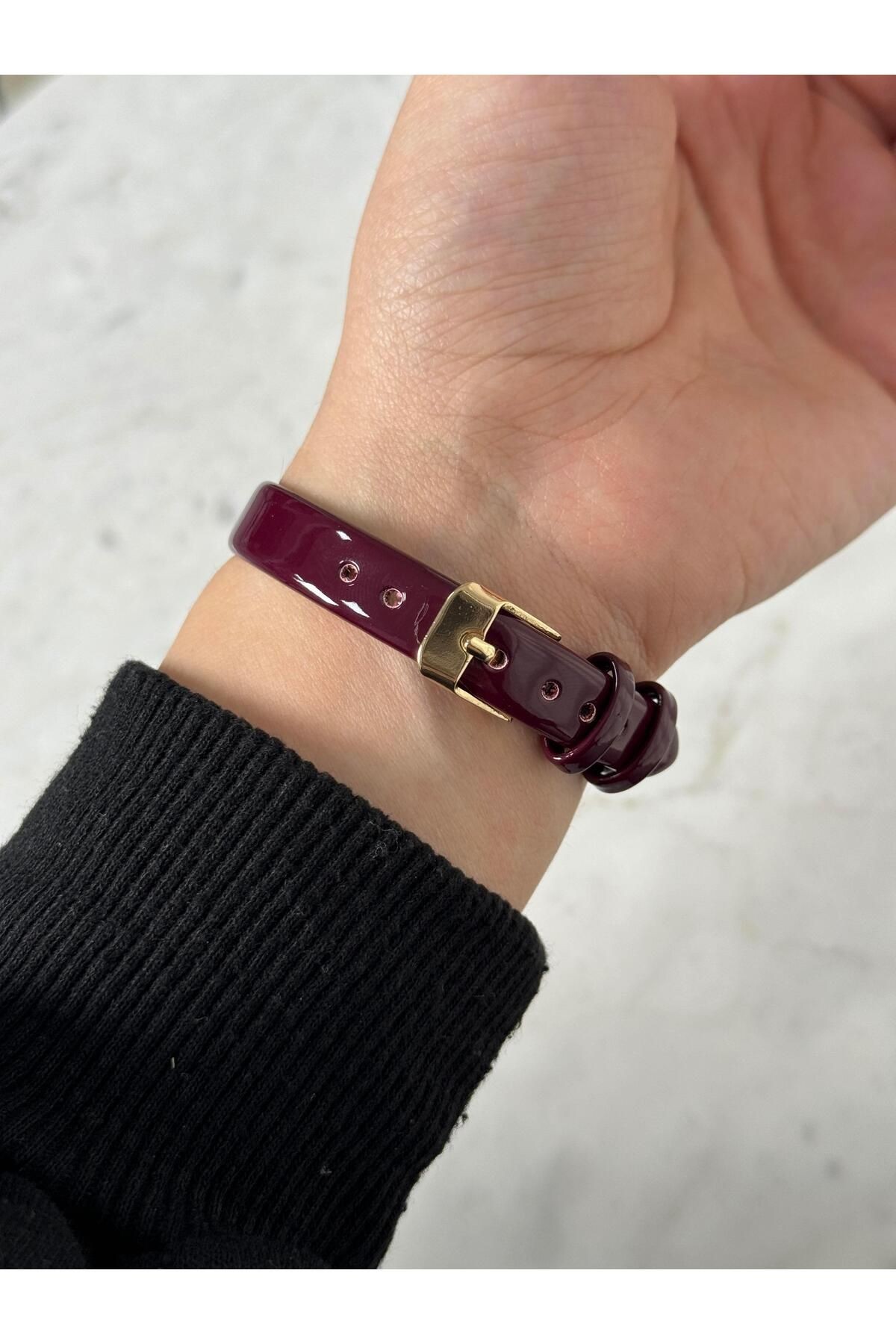 Alle Minimal Özel Seri Rugan Parlak Deri Bordo Vintage Kadın Kol Saati