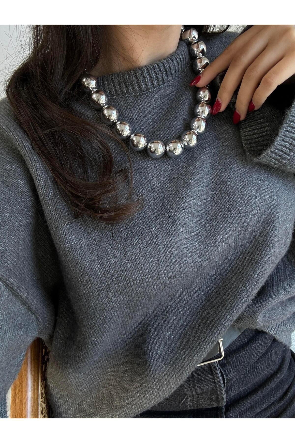 New Trendy Büyük Top Çelik Kolye Gümüş Renk