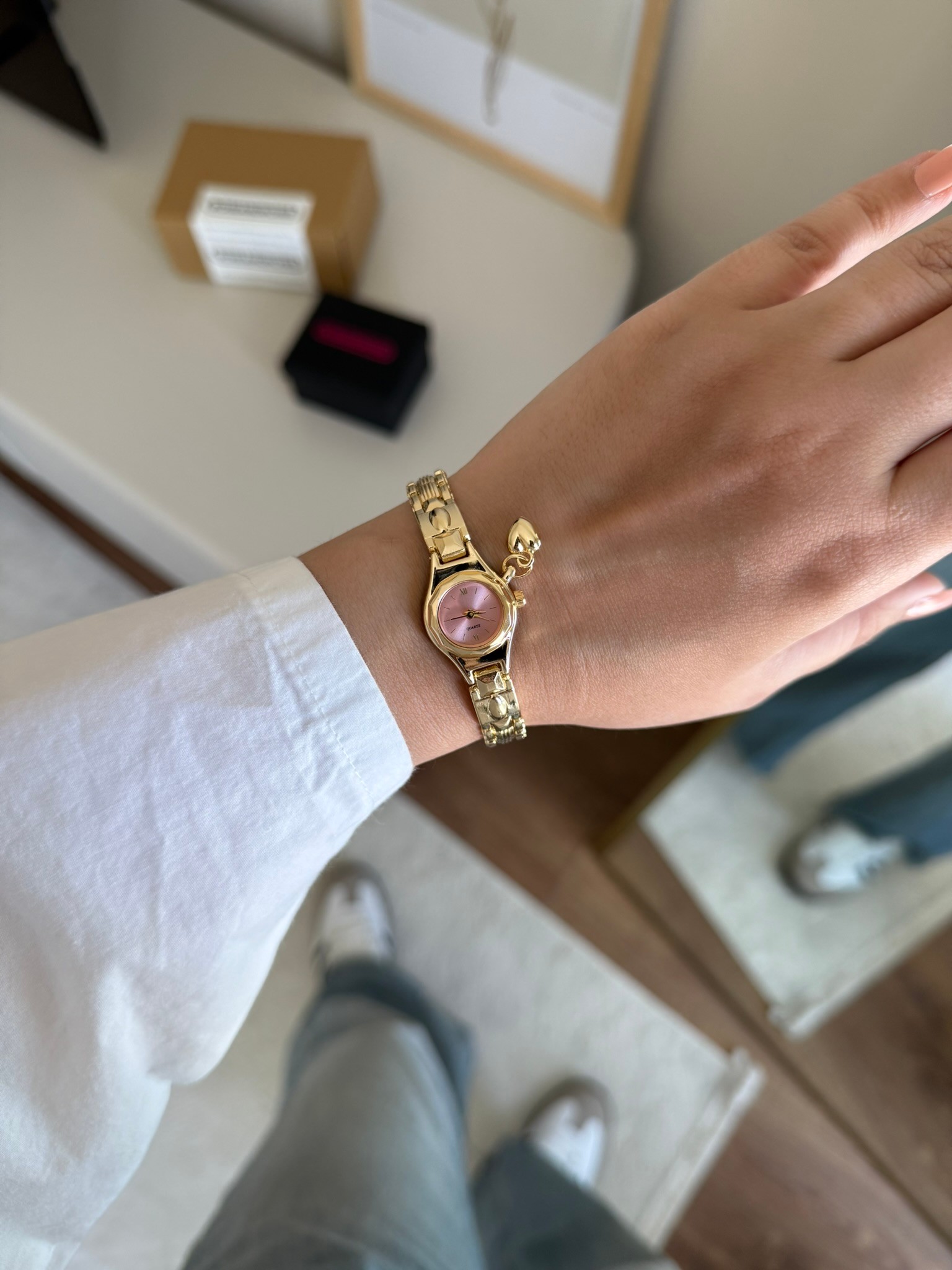 Mishe Minik Kalp Charmlı Kadın Kol Saati Gold (Pembe Kadran)