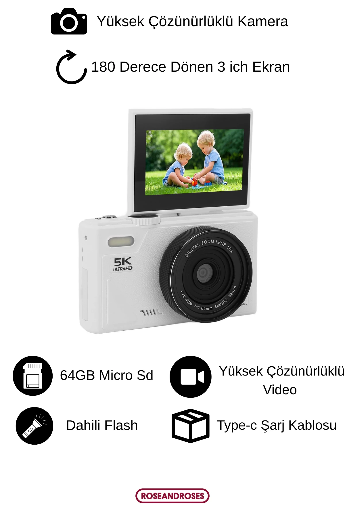 5K UHD 18x Zoom Dönen Ekran Video Foto Vlog Kamera  - Siyah