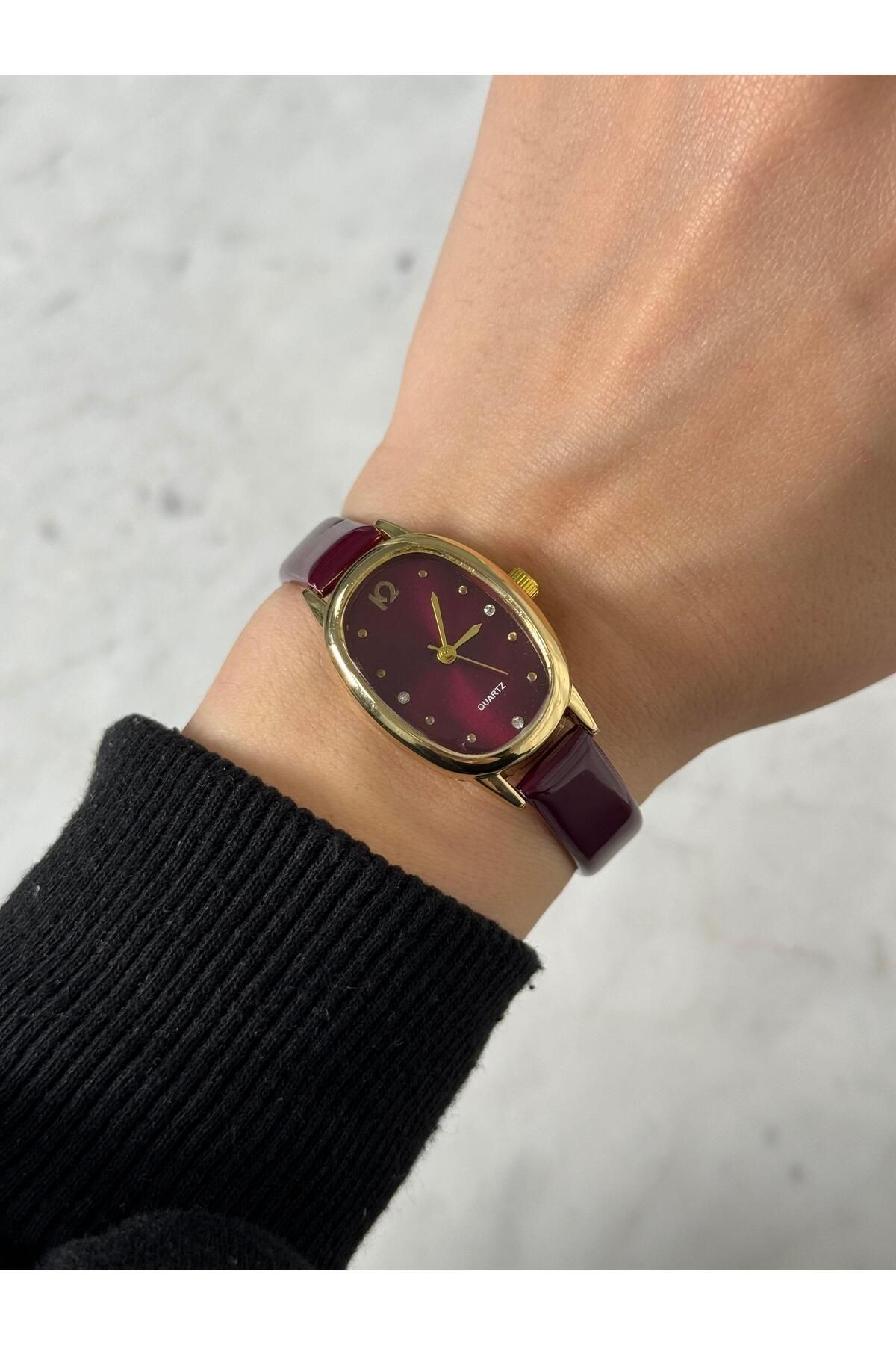 Alle Minimal Özel Seri Rugan Parlak Deri Bordo Vintage Kadın Kol Saati