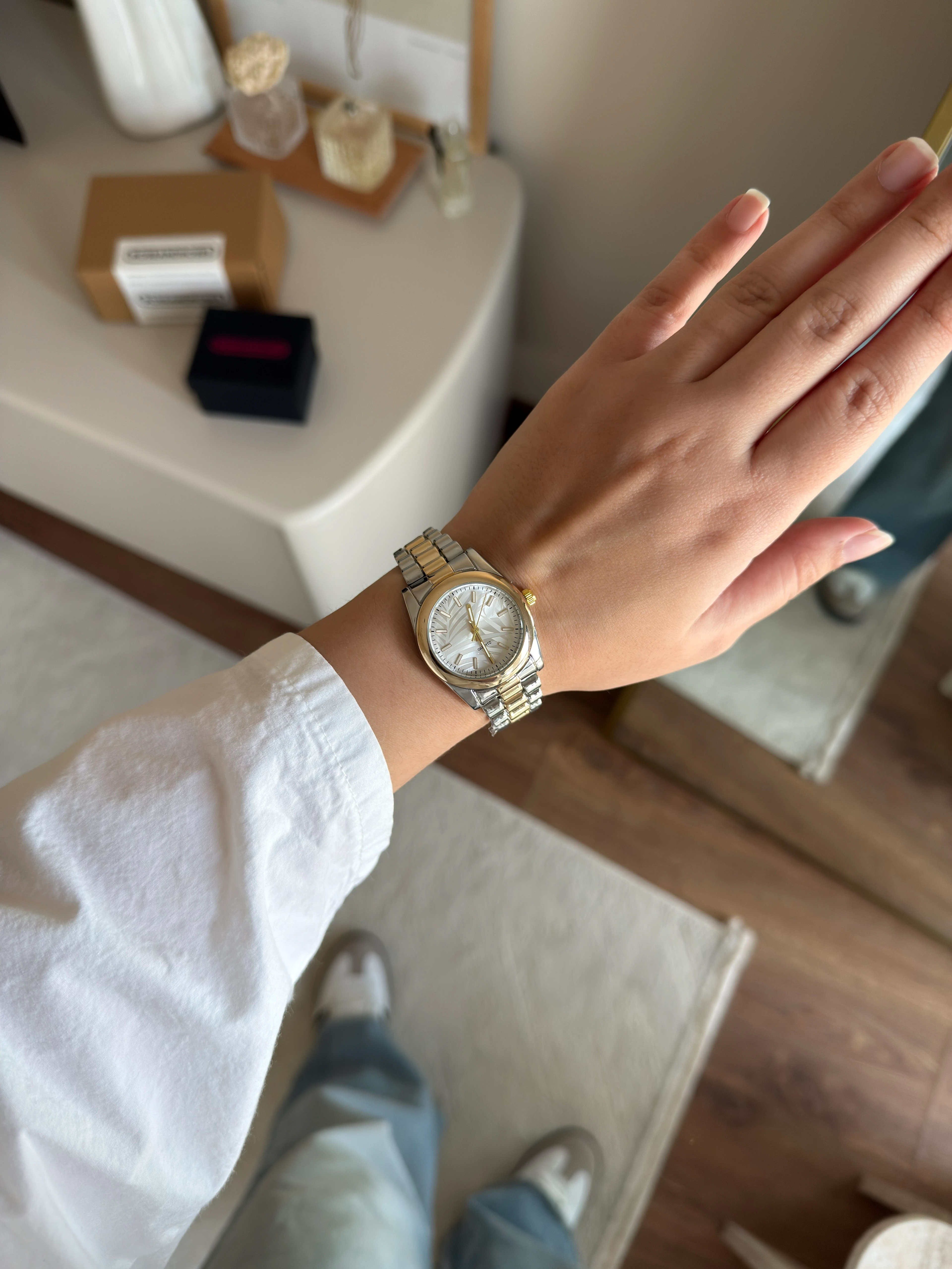 Farbesa Desenli Kadran Kadın Kol Saati - Gold-Gümüş/Beyaz Kadran