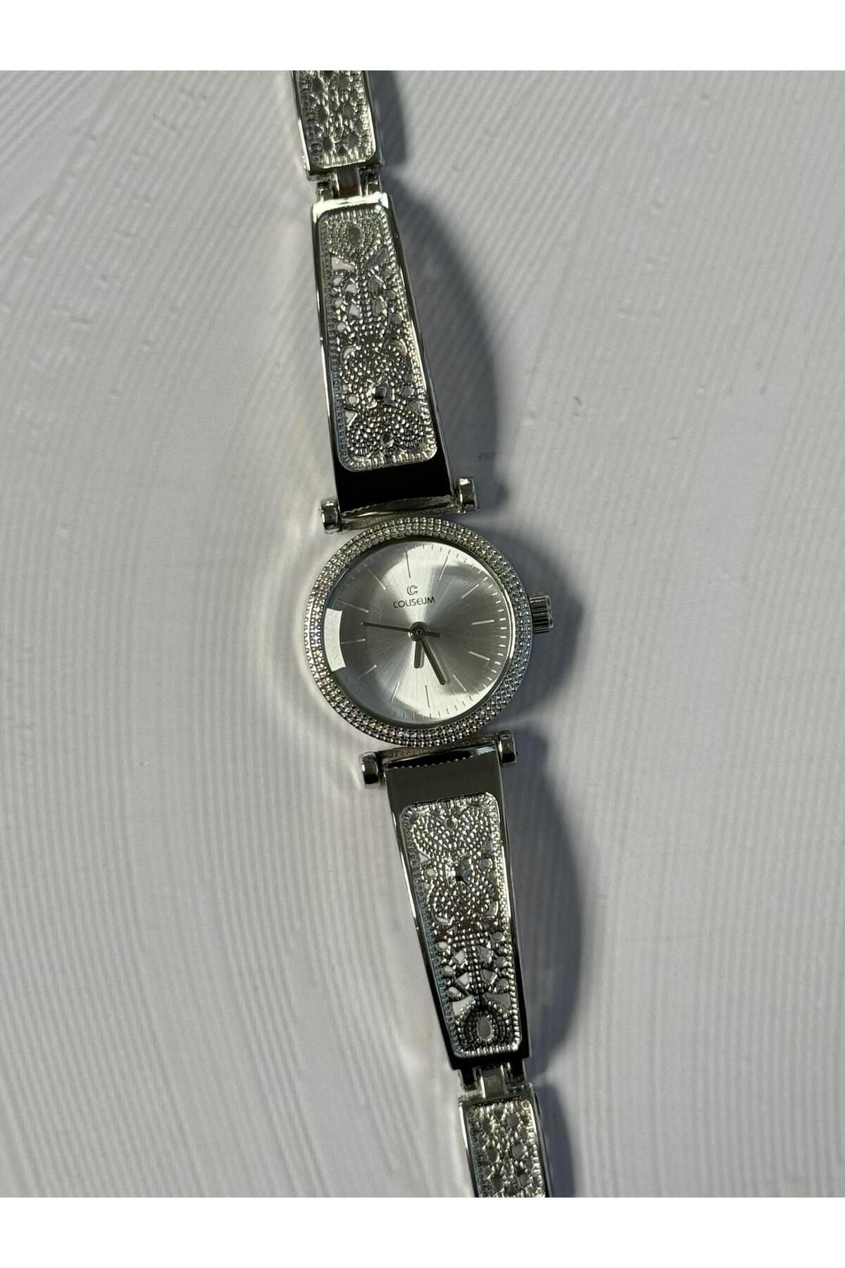 İşlemeli Özel Kordon Kadın Yuvarlak Minimal Vintage Yeni Sezon Gümüş Renk Kol Saati (Beyaz Kadran)