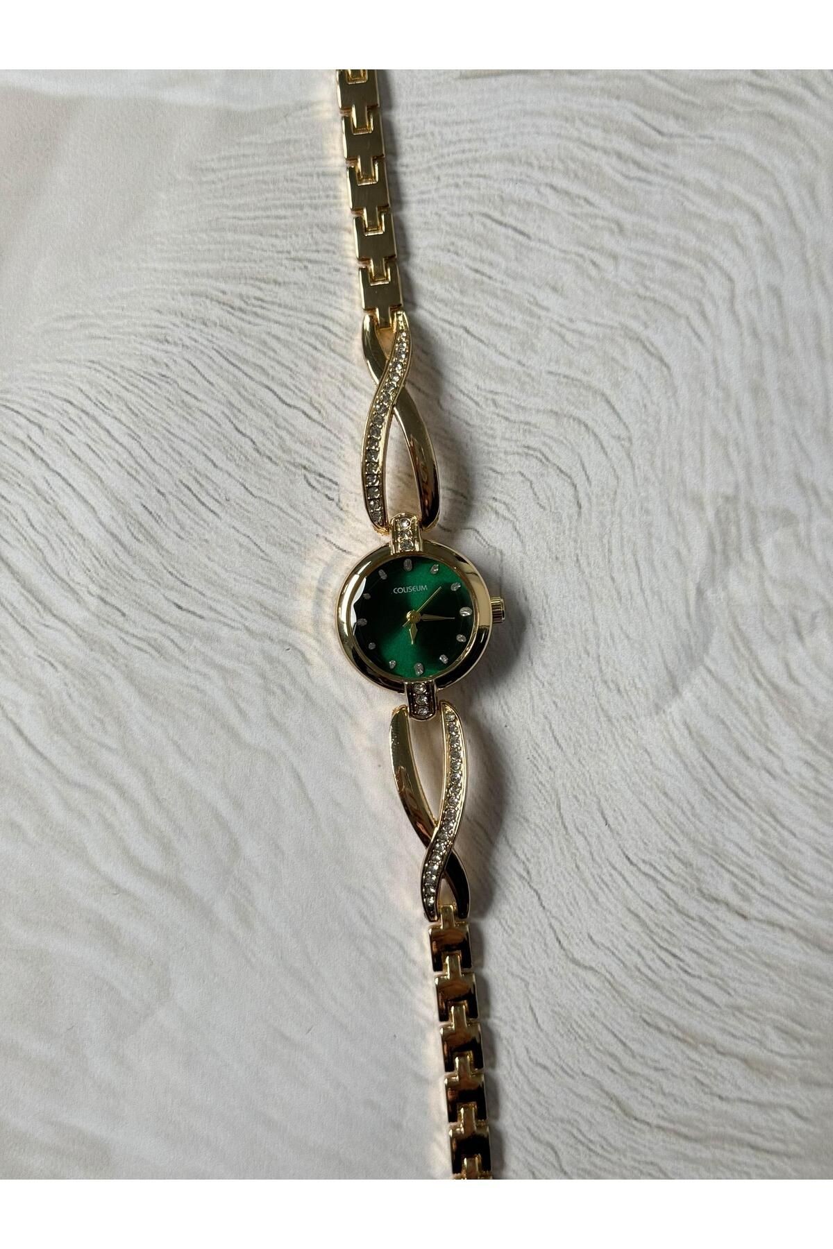 İnfinity Özel Tasarım Taşlı Şık İnce Kordon Vintage Kadın Kol Saati Gold Renk (Yeşil Kadran)