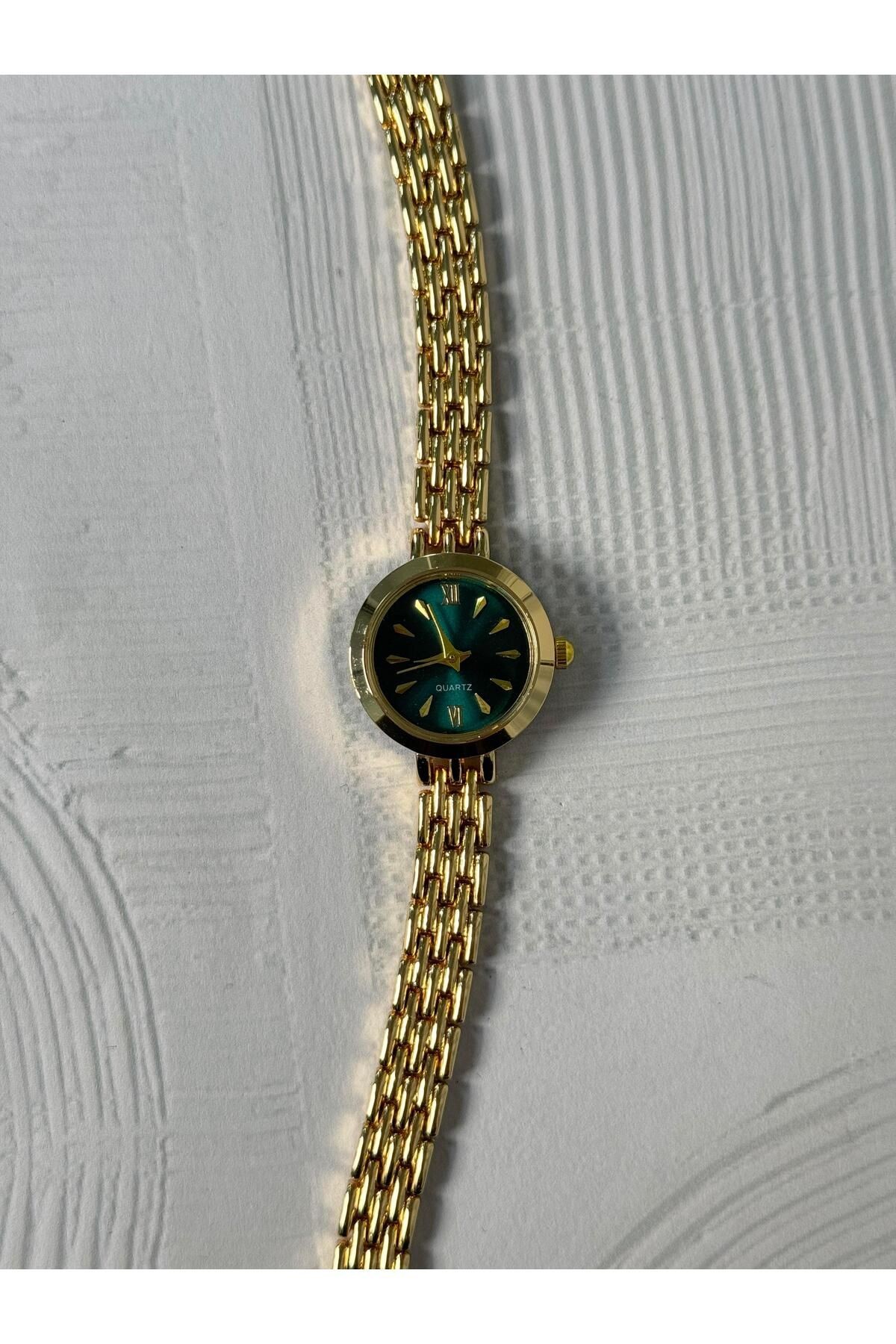 Theo Kadın Gold Renk Çelik Kasa Minimal Vintage Yeni Sezon Kol Saati (Petrol Mavisi Kadran) (Özel Stok)